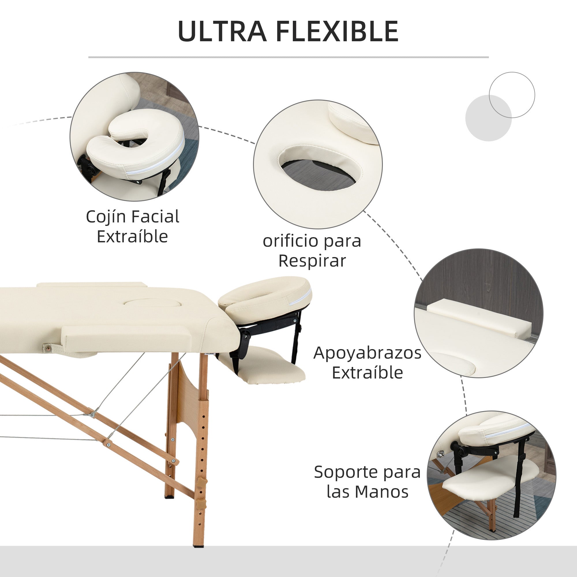 Folding Massage Table 210x81 cm Professional Beauty Table with Removable Headrest 2 Zones Wooden Frame with Adjustable Height and Carry Bag Cream