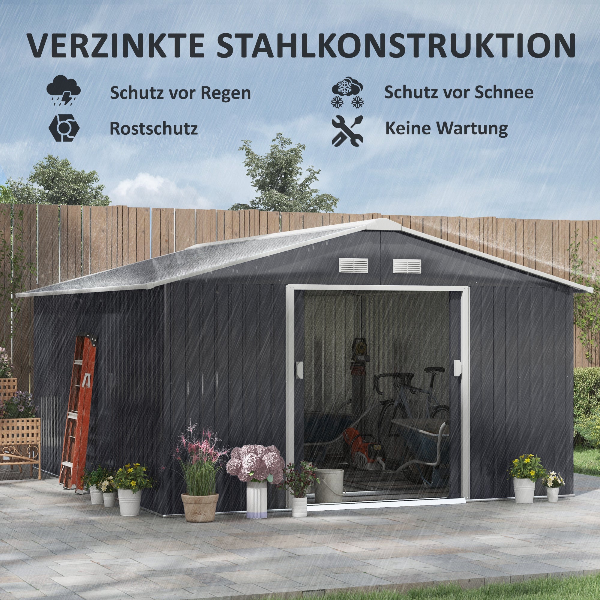 Metal Tool Shed 26.2m³ 340x386x200cm Equipment Shed with Gable Roof Foundation Sliding Door Weatherproof Garden House Outdoor Garden Shed Cabinet for Outdoor Use, Charcoal Gray