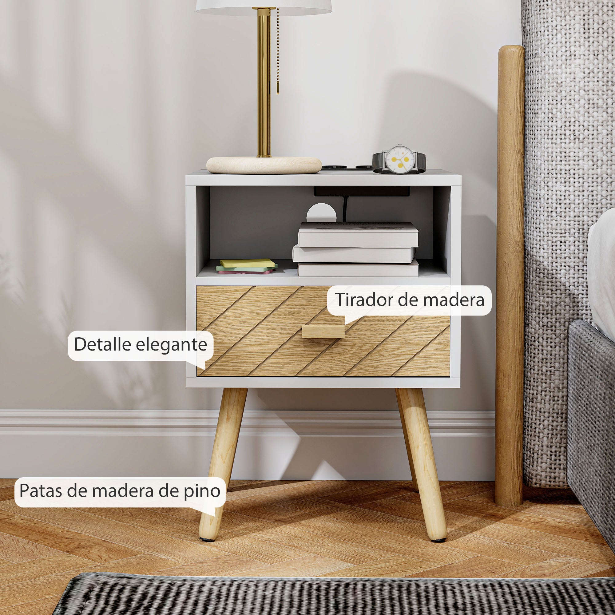 Nightstand with Charging Station, Drawer, 2 AC Outlets, USB & USB-C, Open Shelf, Pine Legs, White