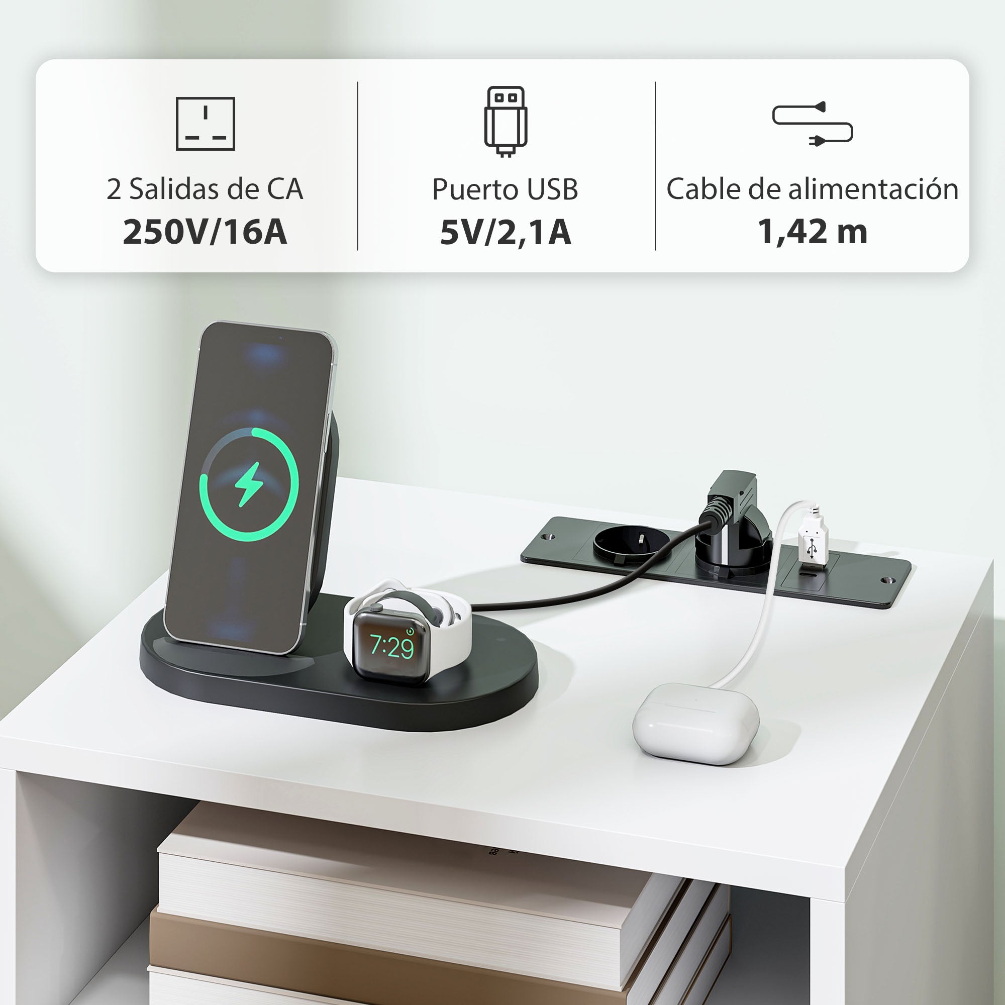 Nightstand with Charging Station, Drawer, 2 AC Outlets, USB & USB-C, Open Shelf, Pine Legs, White