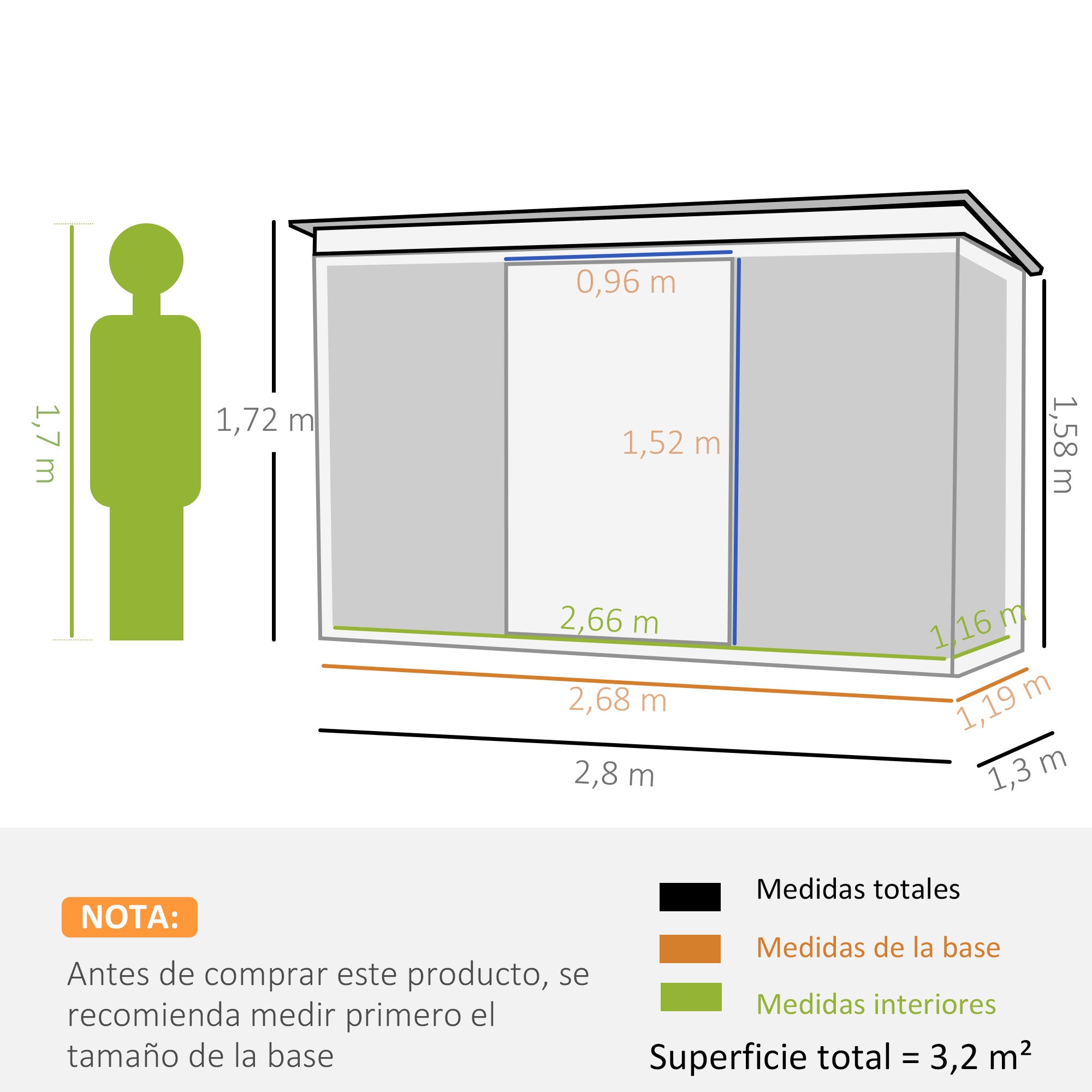 Outdoor Garden Shed 3.2 m² 280x130x172 cm Outdoor Garden Shed with Sliding Door Sloped Roof Reinforced Base (Floor Sold Separately) and 2 Windows Light Gray