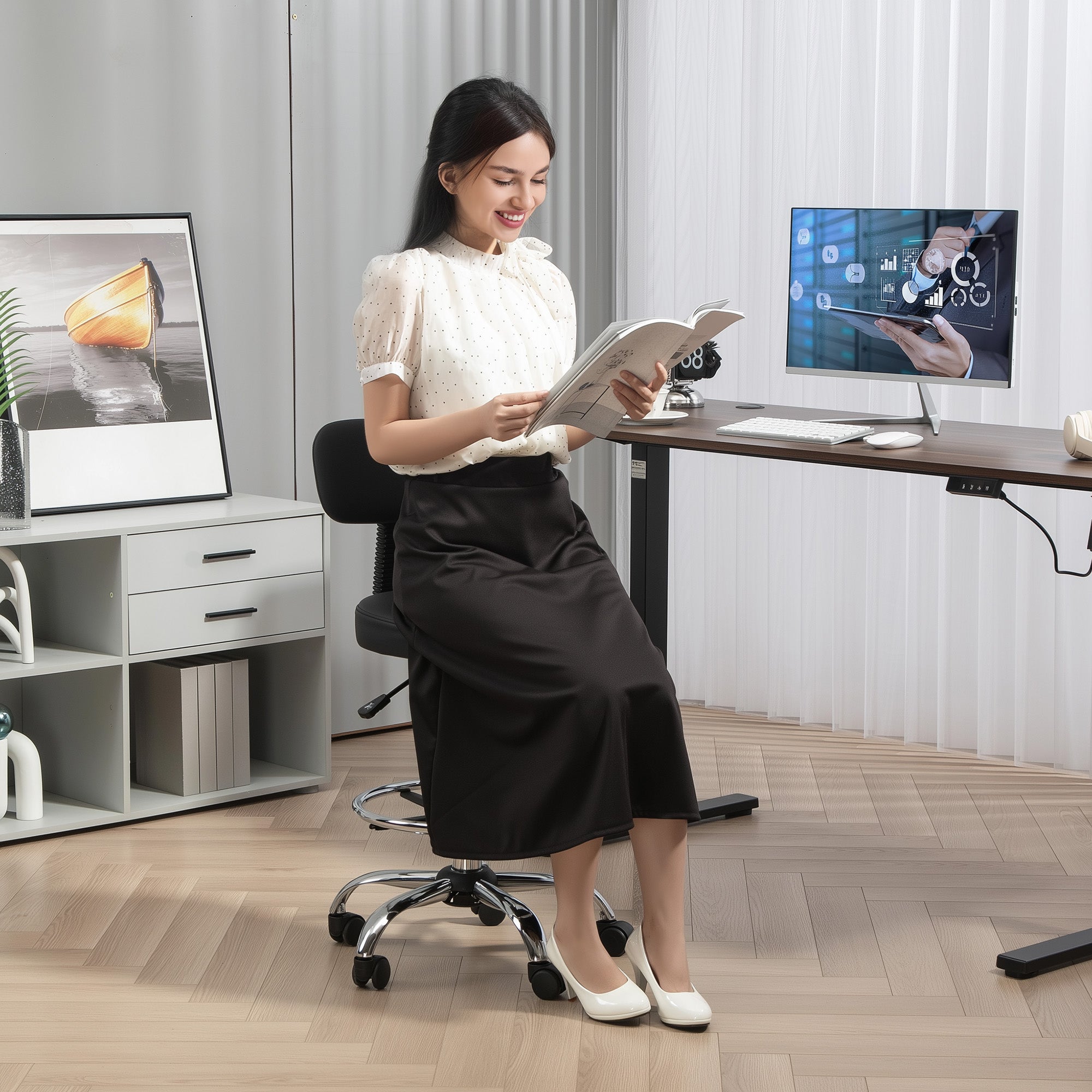 Office Chair Ergonomic Desk Chair with Adjustable Foot Ring, Armless, Height Adjustable Swivel Chair in Black PU Leather