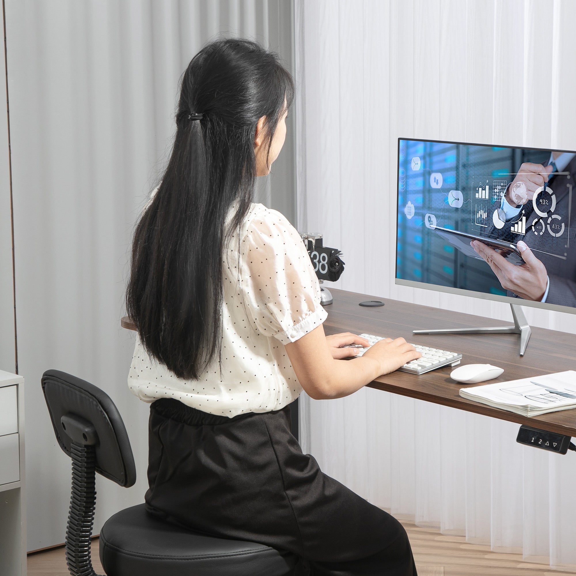 Office Chair Ergonomic Desk Chair with Adjustable Foot Ring, Armless, Height Adjustable Swivel Chair in Black PU Leather