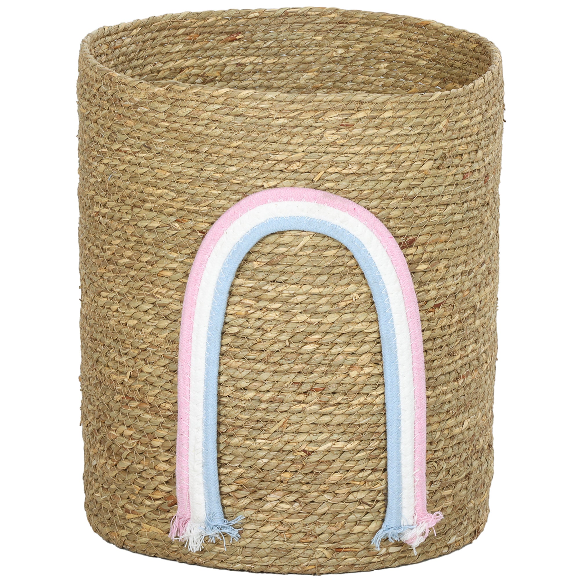 Woven Seagrass Storage Basket with Rainbow Accent — Natural, 12 x 12 x 14 in