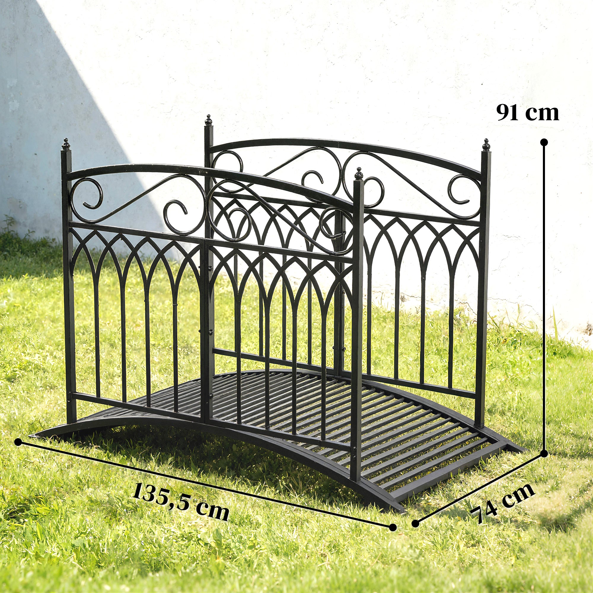 Metal Garden Bridge, 53.3 in (135.5 cm) — Antique-Style, Rust-Resistant Pond Bridge with Safety Rails