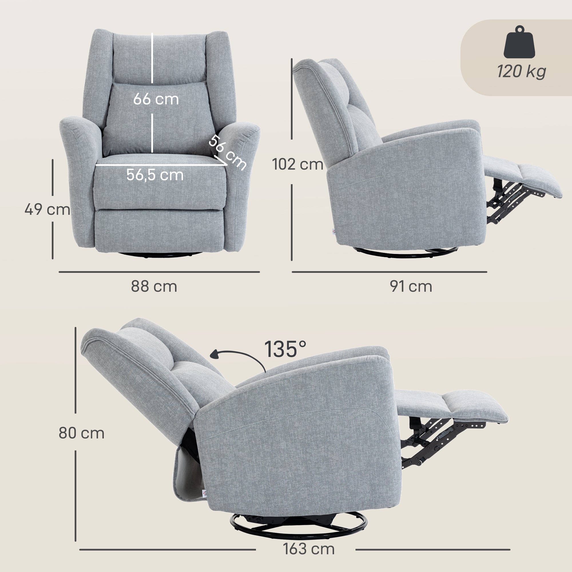 Recliner Chair with Footrest – Swivel, Rocking & 135° Recline, Wide Deep Seat, Scratch-Resistant Fabric, Light Gray