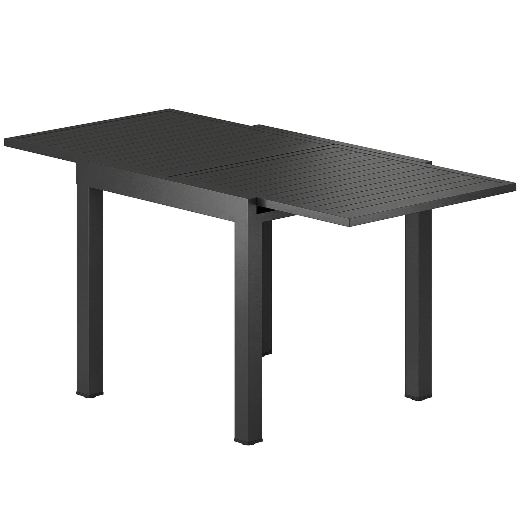 Extendable Outdoor Dining Table for 4–6, 31.5/63 x 31.5 in (80/160 x 80 cm) — Black Powder-Coated Aluminum Slatted Top