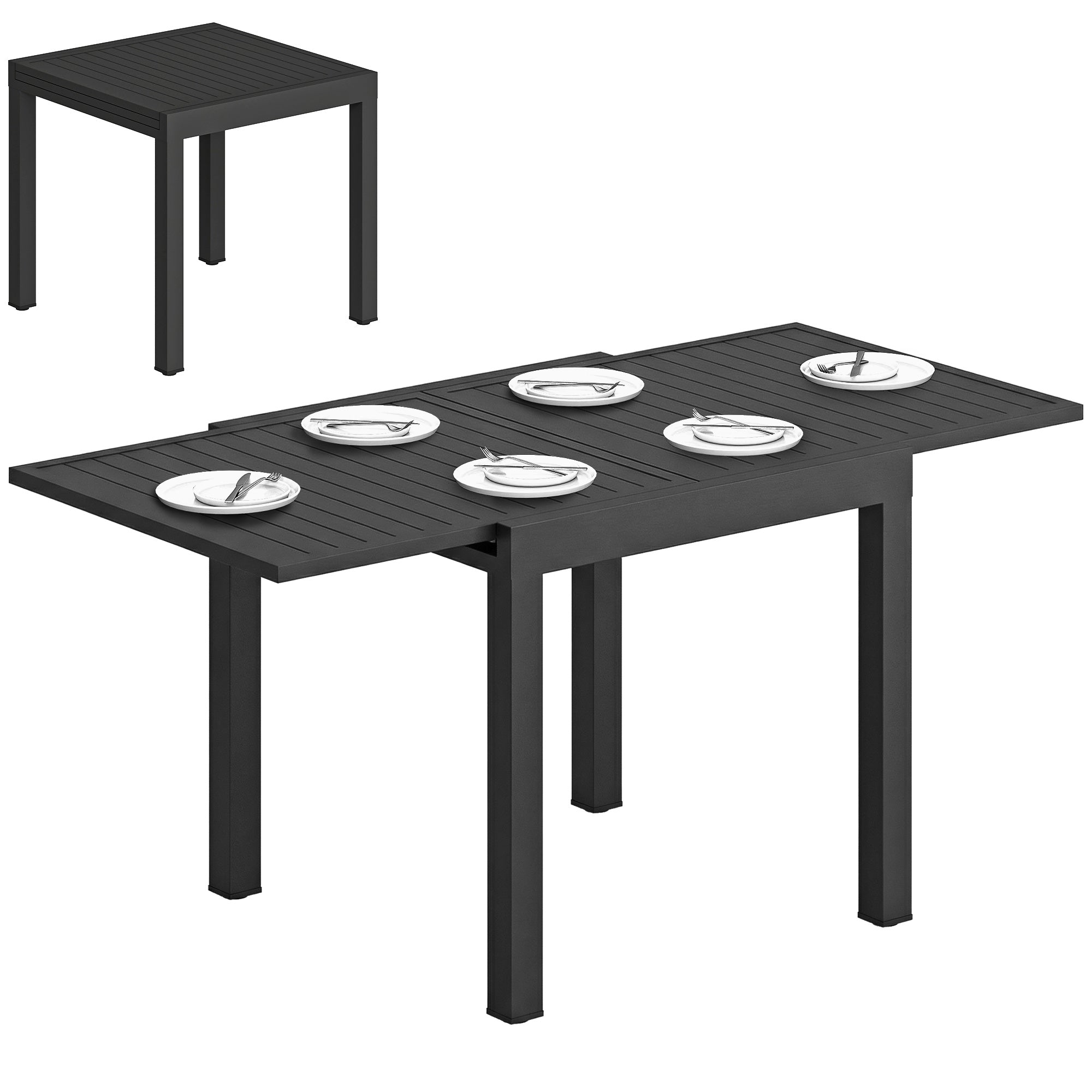 Extendable Outdoor Dining Table for 4–6, 31.5/63 x 31.5 in (80/160 x 80 cm) — Black Powder-Coated Aluminum Slatted Top