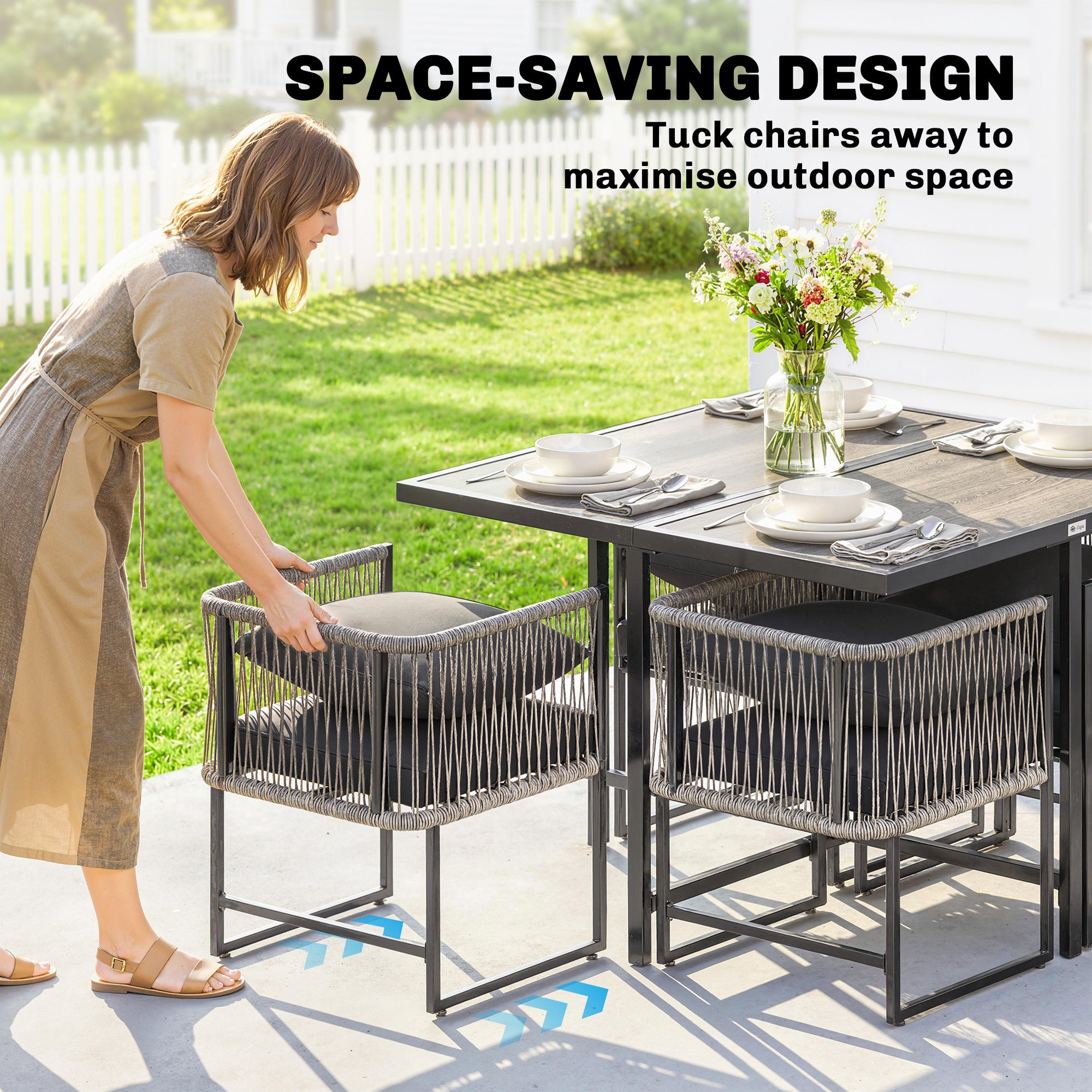 5-Piece Polyrattan Garden Furniture Set — Space-Saving Dining Set with Removable Cushions, Two-Part DPC Tabletop, Seats 4, for Garden Balcony Terrace