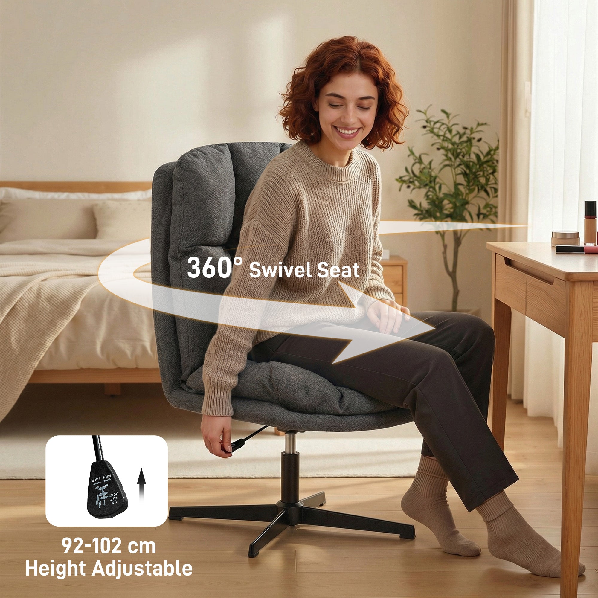 Swivel, Height-Adjustable Lounge Chair with Wide Seat for Living Room — Padded Linen-Look Accent Chair with Metal Legs, Armless Reading Chair, Dark Grey