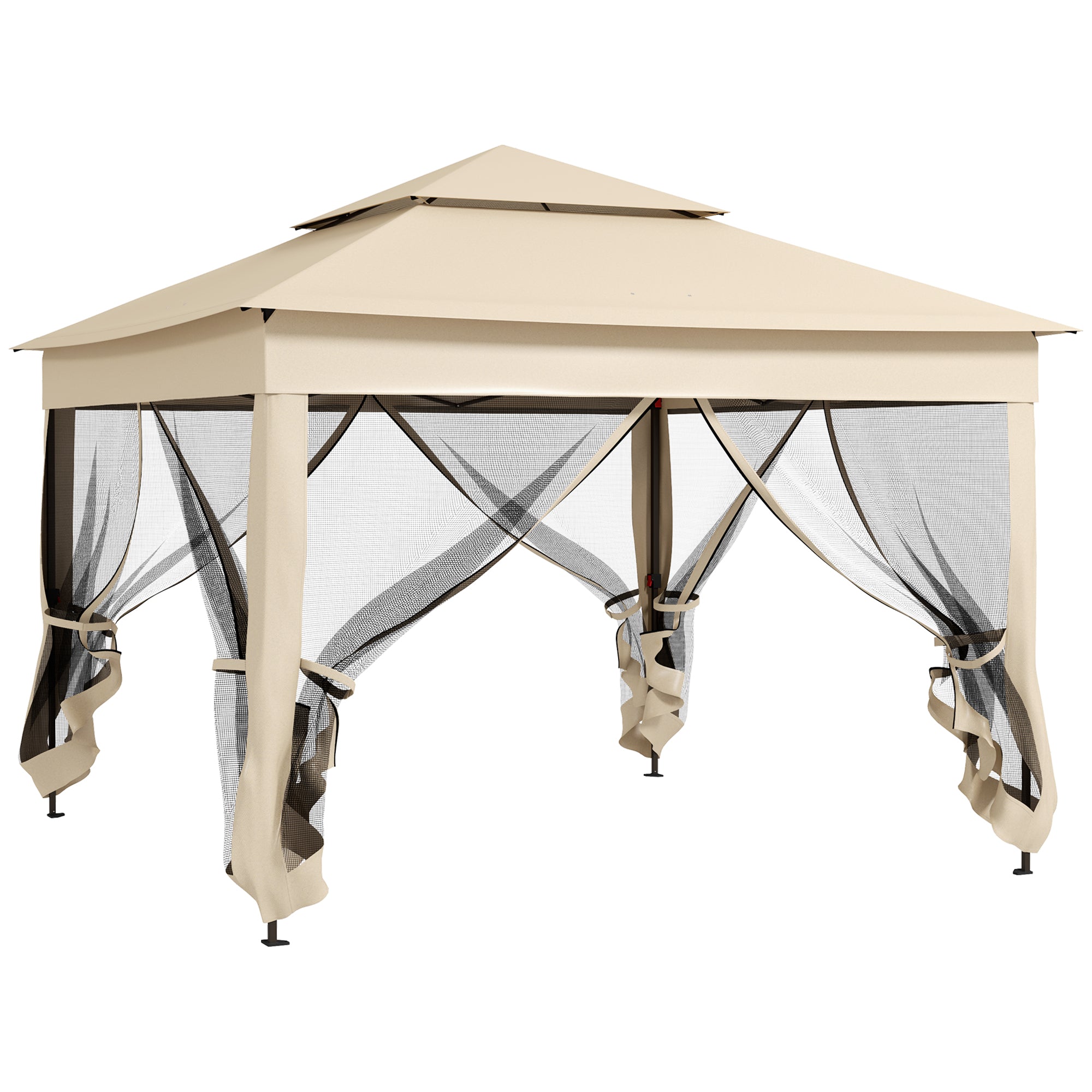 Folding Gazebo 3.3x3.3m Foldable Canopy with 4 Anti-UV Mesh Sidewalls and Carry Bag for Camping Parties Cream