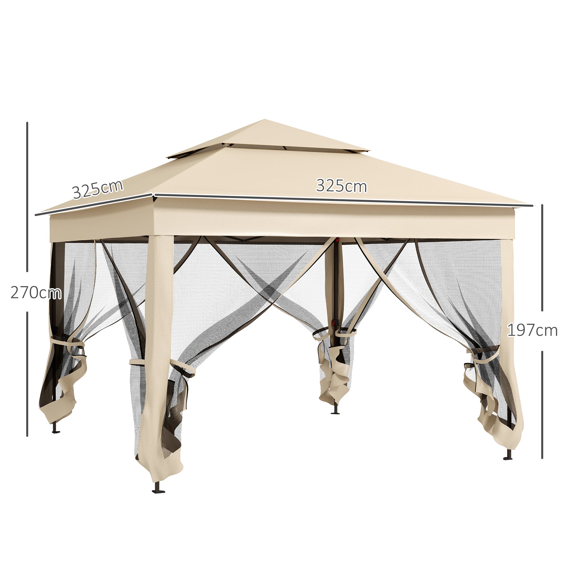 Folding Gazebo 3.3x3.3m Foldable Canopy with 4 Anti-UV Mesh Sidewalls and Carry Bag for Camping Parties Cream