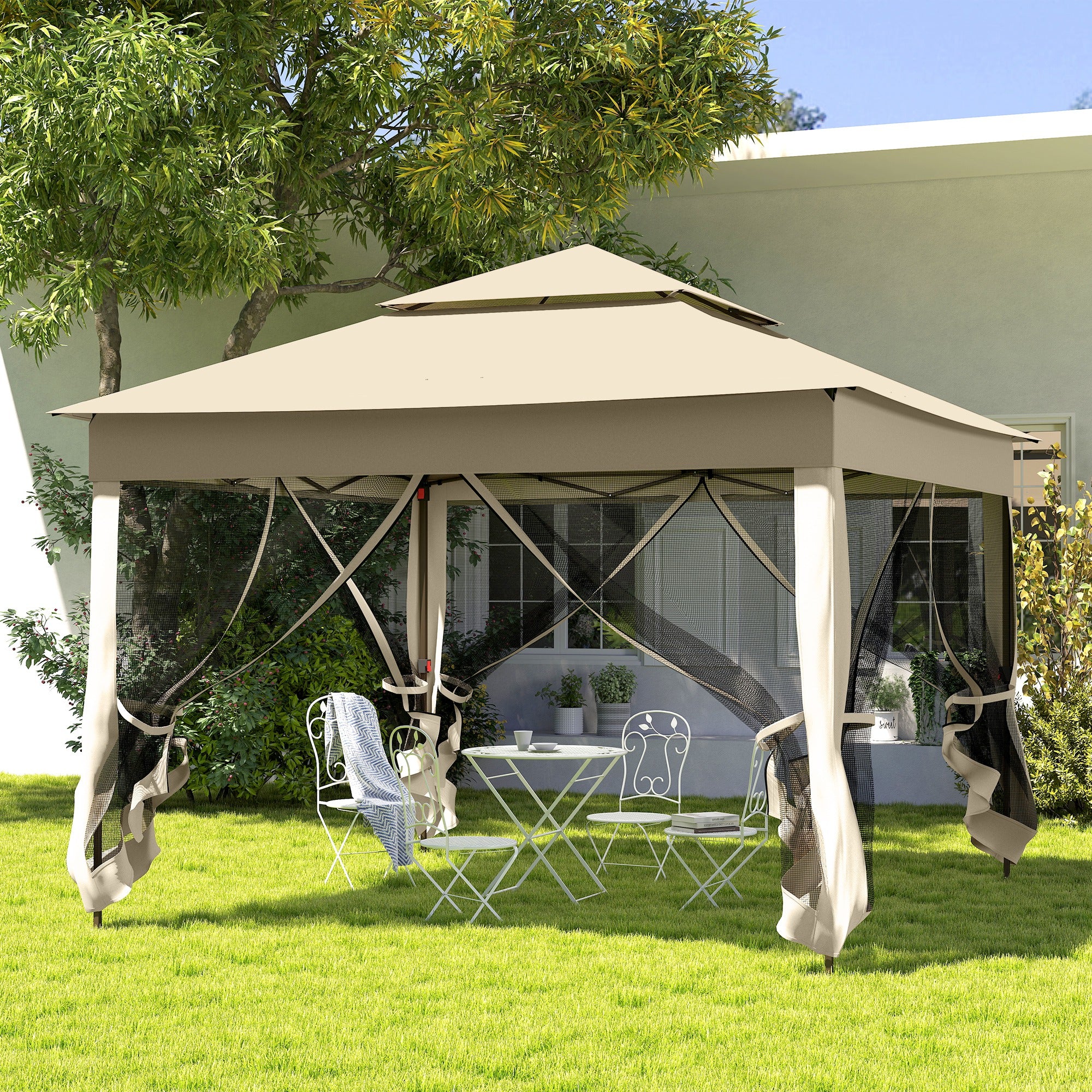 Folding Gazebo 3.3x3.3m Foldable Canopy with 4 Anti-UV Mesh Sidewalls and Carry Bag for Camping Parties Cream