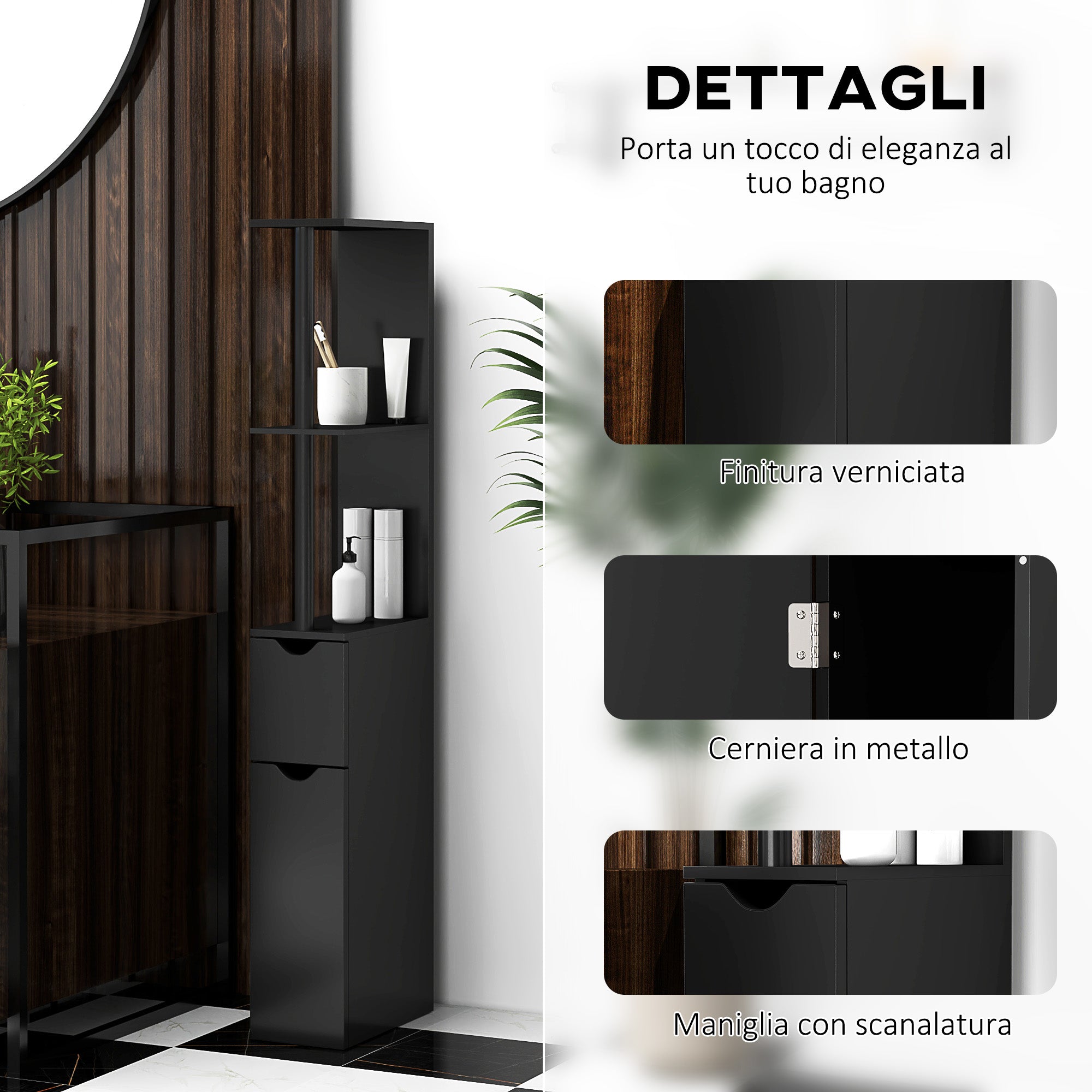 Bathroom Column with 2 Shelves and 2 Cabinets, Tall Bathroom Space Saver in MDF, 15.2x29.8x118cm, Black