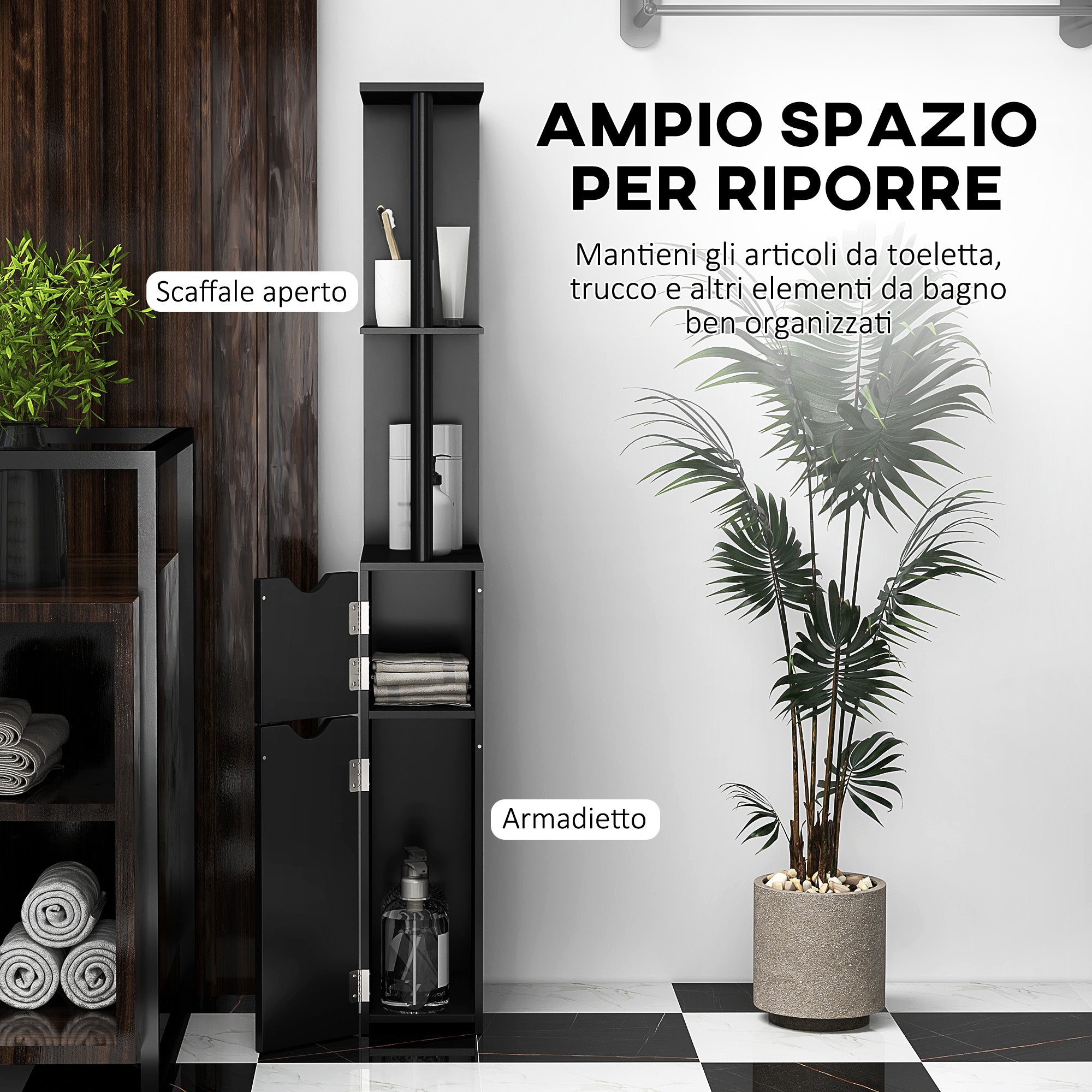 Bathroom Column with 2 Shelves and 2 Cabinets, Tall Bathroom Space Saver in MDF, 15.2x29.8x118cm, Black