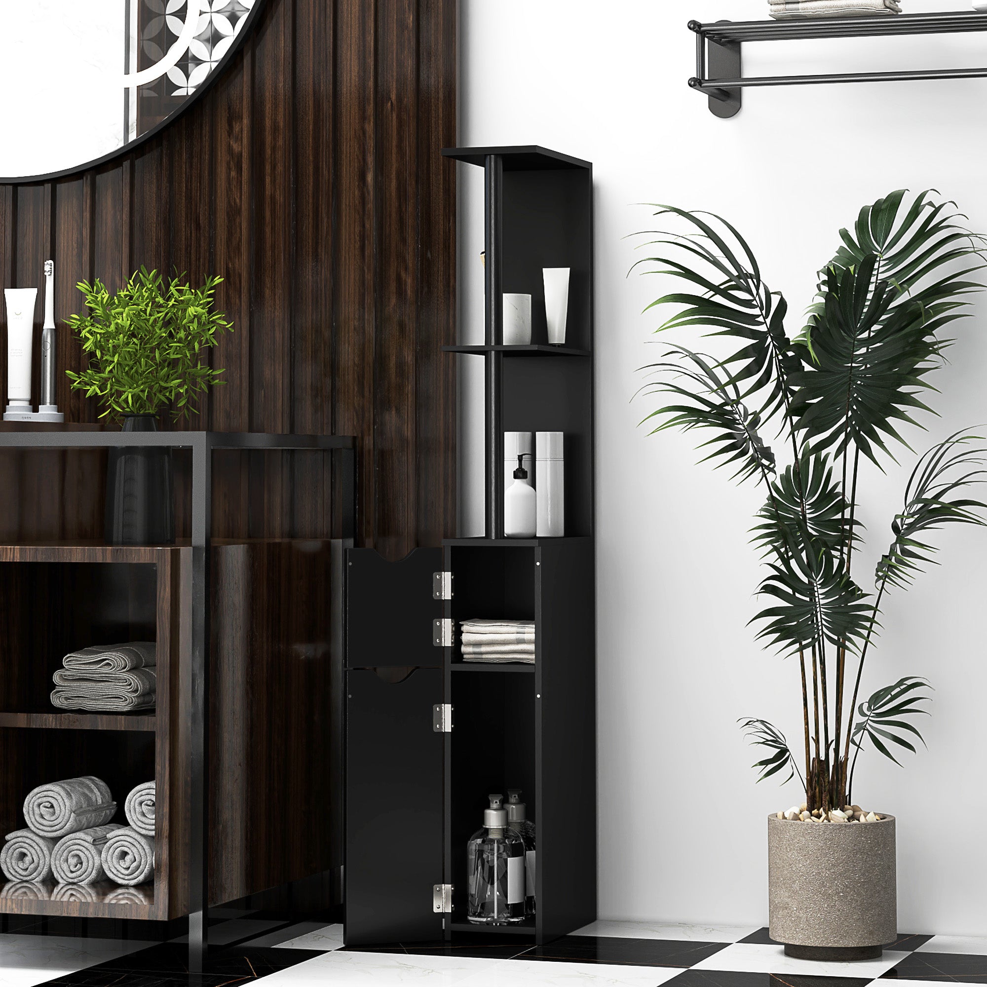 Bathroom Column with 2 Shelves and 2 Cabinets, Tall Bathroom Space Saver in MDF, 15.2x29.8x118cm, Black