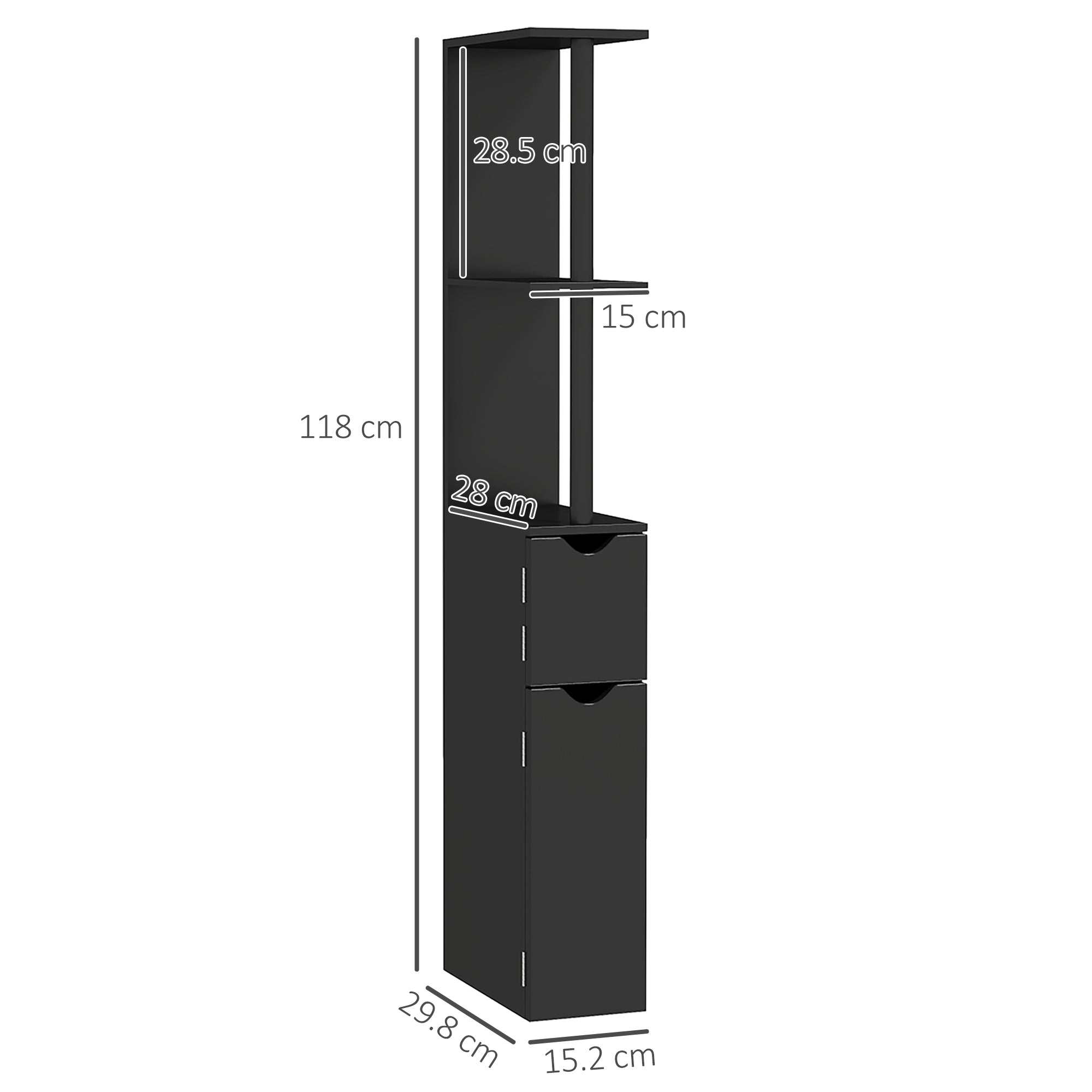 Bathroom Column with 2 Shelves and 2 Cabinets, Tall Bathroom Space Saver in MDF, 15.2x29.8x118cm, Black