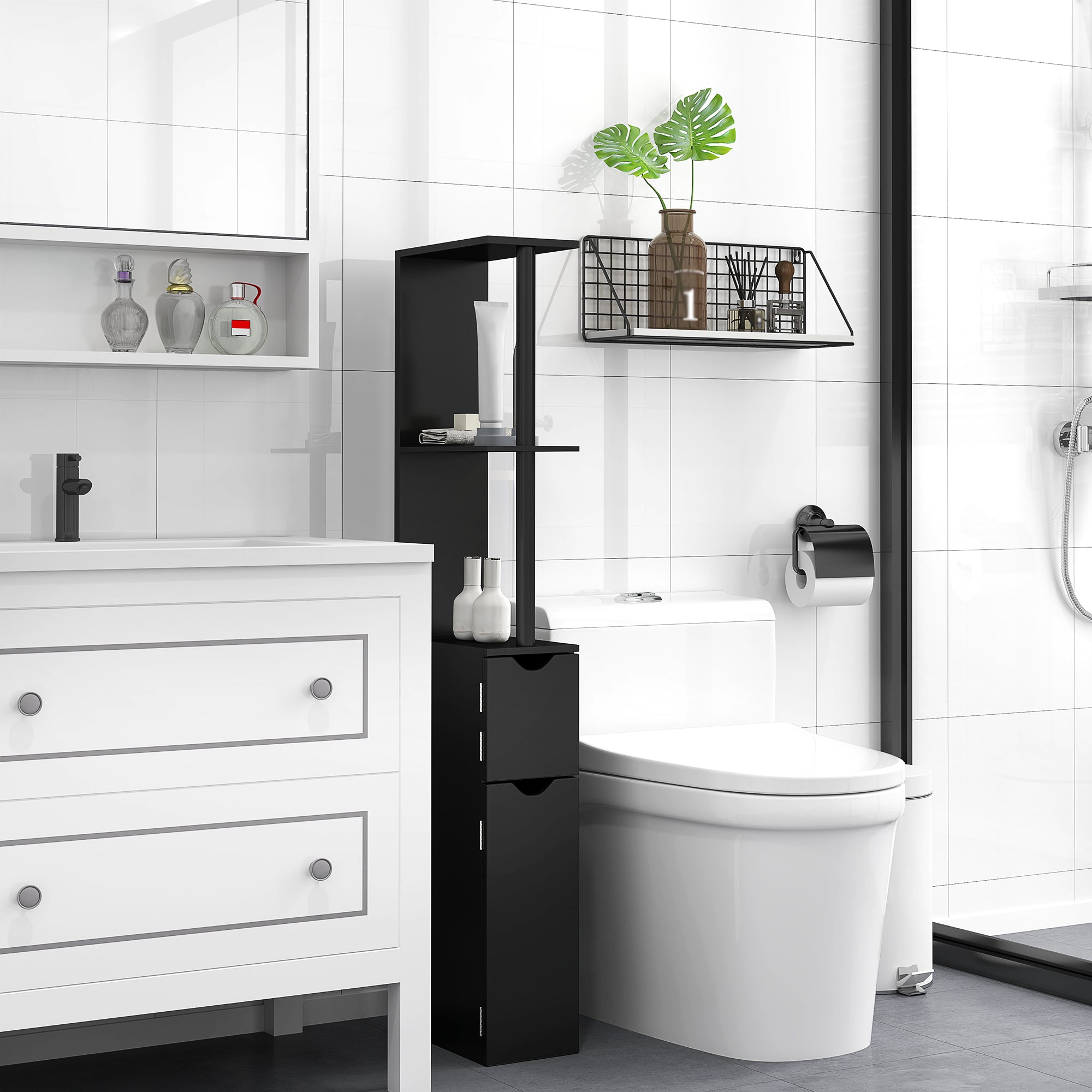 Bathroom Column with 2 Shelves and 2 Cabinets, Tall Bathroom Space Saver in MDF, 15.2x29.8x118cm, Black