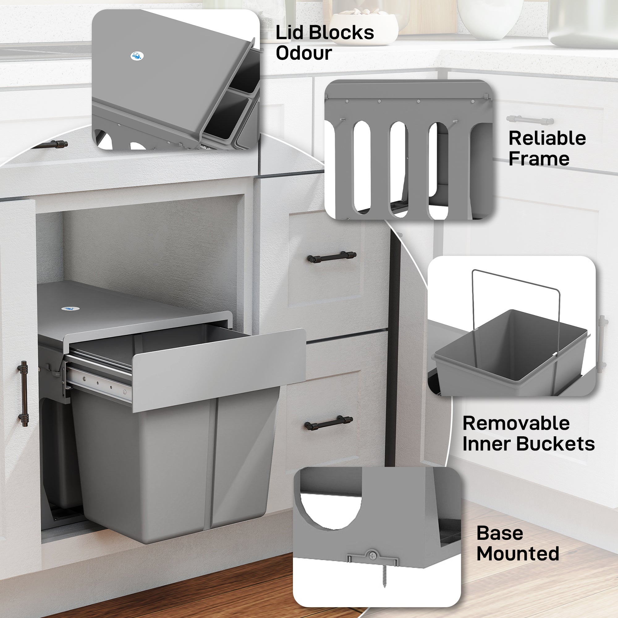 Under-Sink Pull-Out Trash Bin, 3 Removable Recycling Bins (15L + 8L + 8L), Bottom-Mount, Light Gray