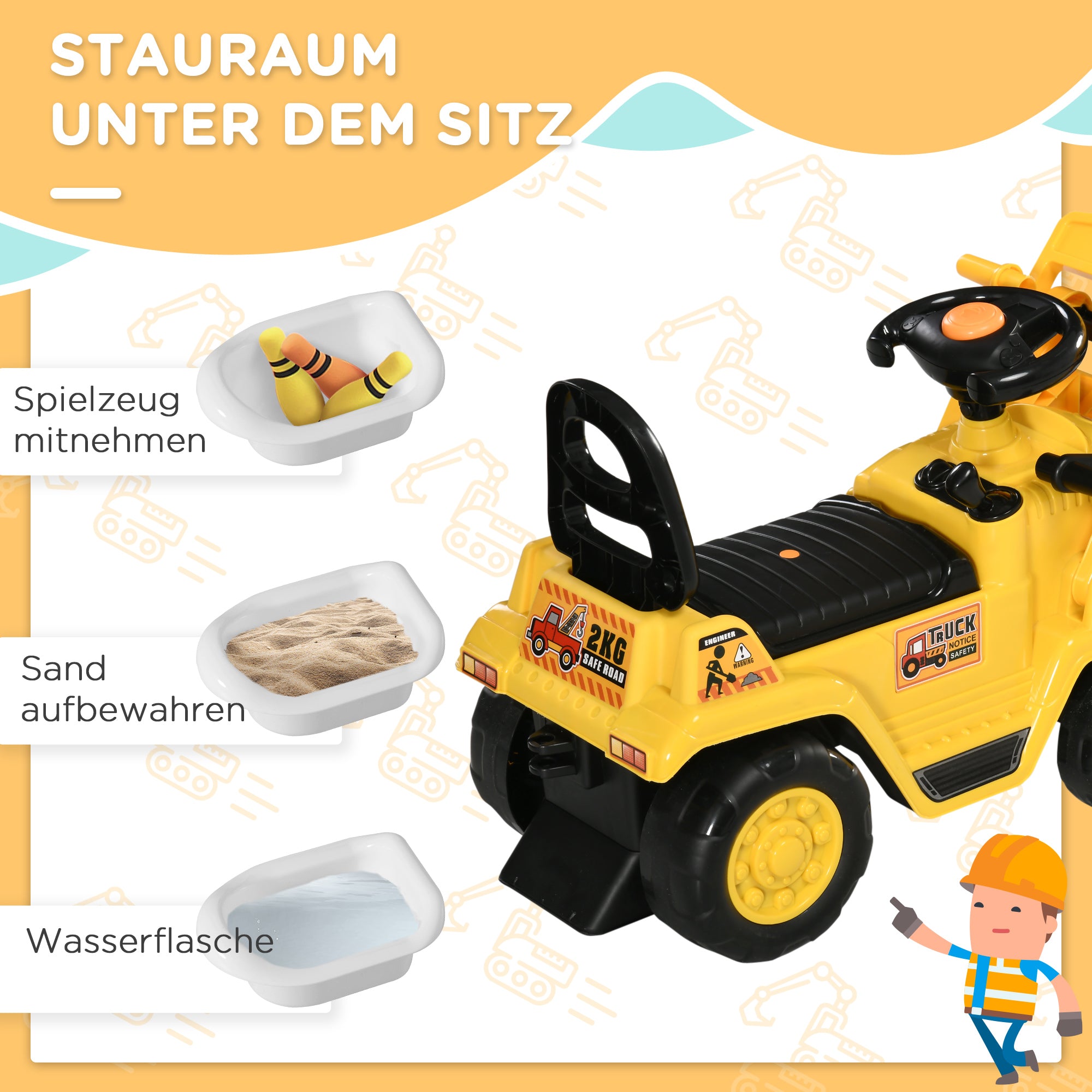Sit-On Digger with Rotatable Adjustable Shovel, Horn Kids Can Sit On with Storage Space under Seat Ride-On Toy Digger up to 30 kg, Sand Digger for Kids 2-4 Years Yellow