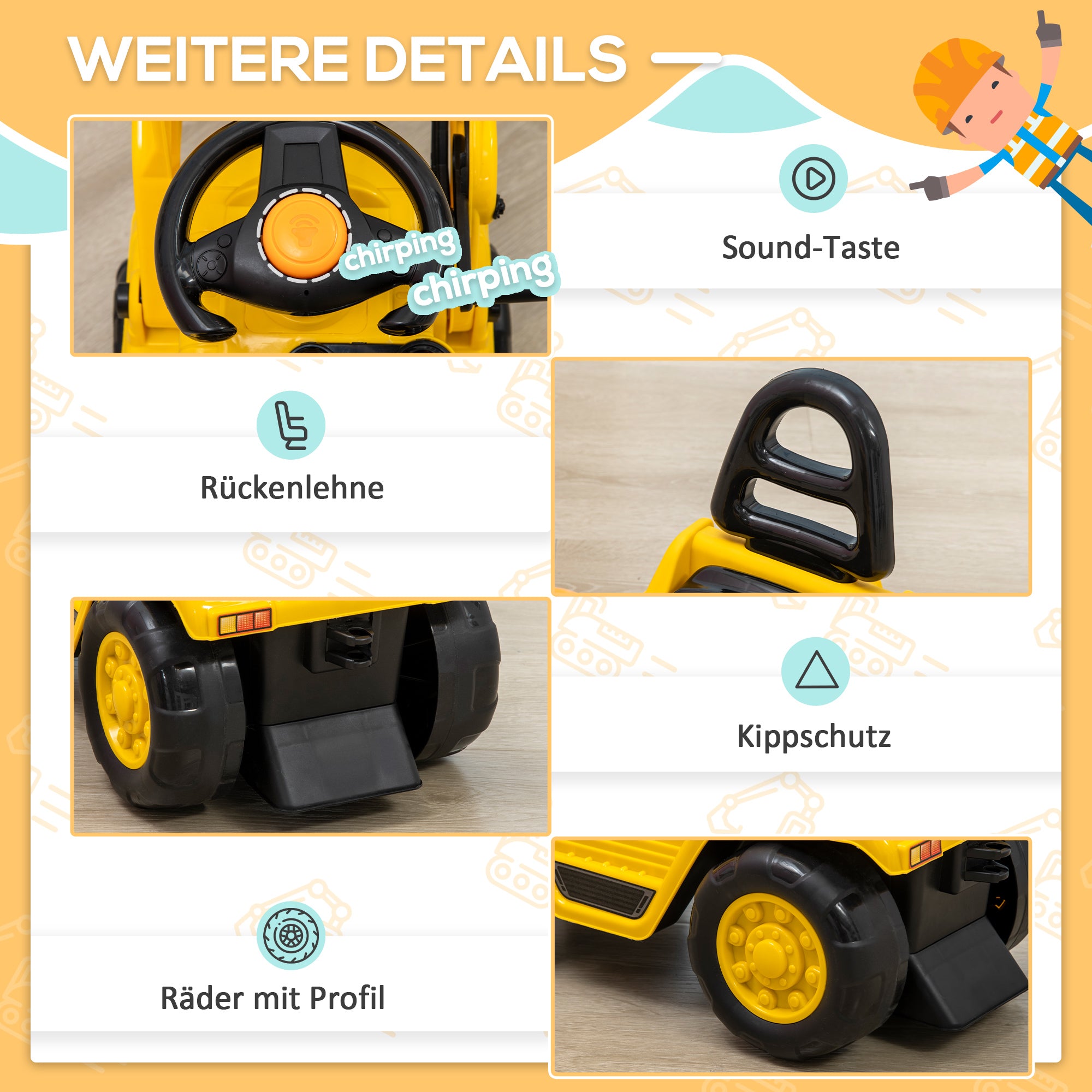 Sit-On Digger with Rotatable Adjustable Shovel, Horn Kids Can Sit On with Storage Space under Seat Ride-On Toy Digger up to 30 kg, Sand Digger for Kids 2-4 Years Yellow