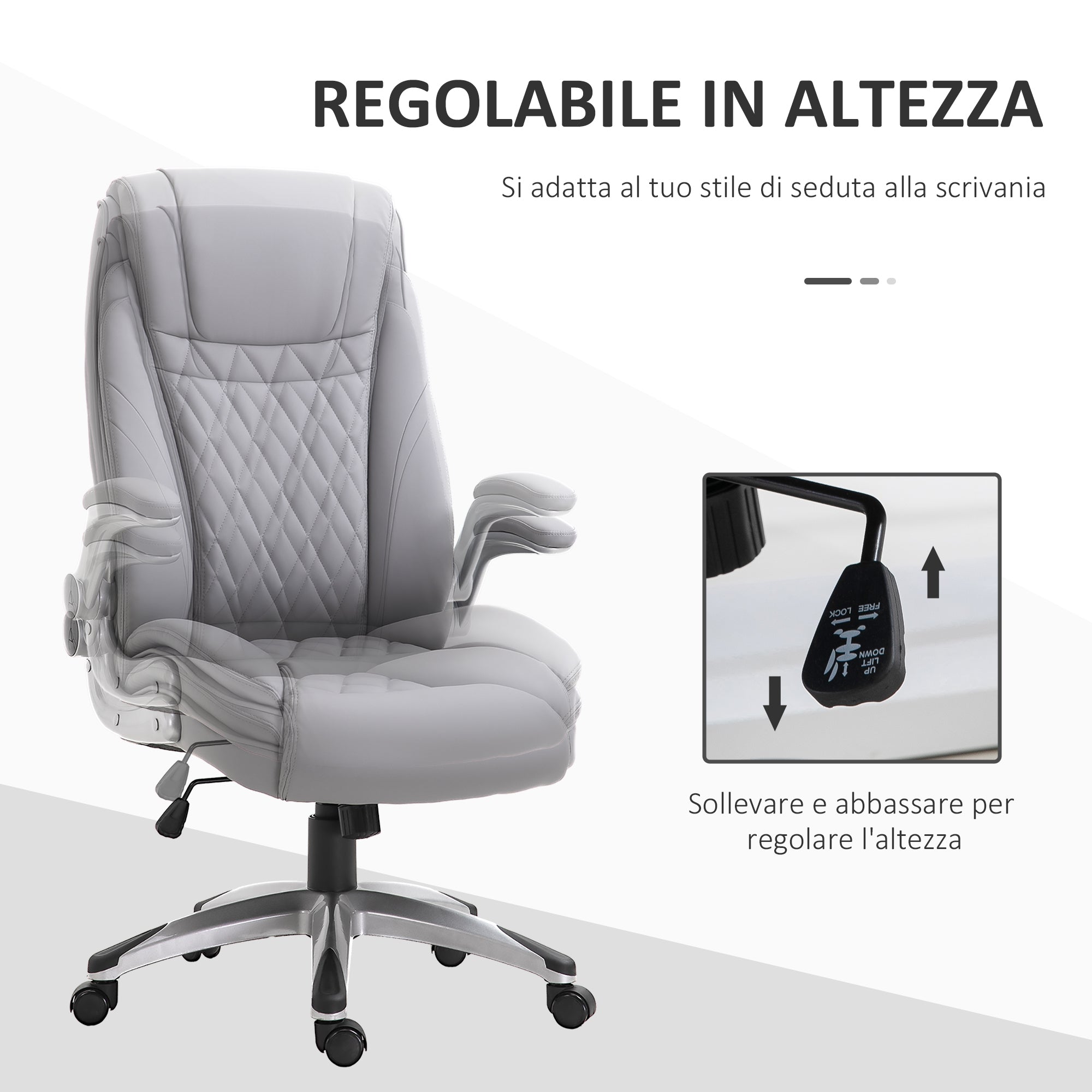 Ergonomic Office Chair with Padding, Adjustable Height, and 5 Swivel Wheels, in PU Leather and Foam, 70x71x113-121 cm, Gray