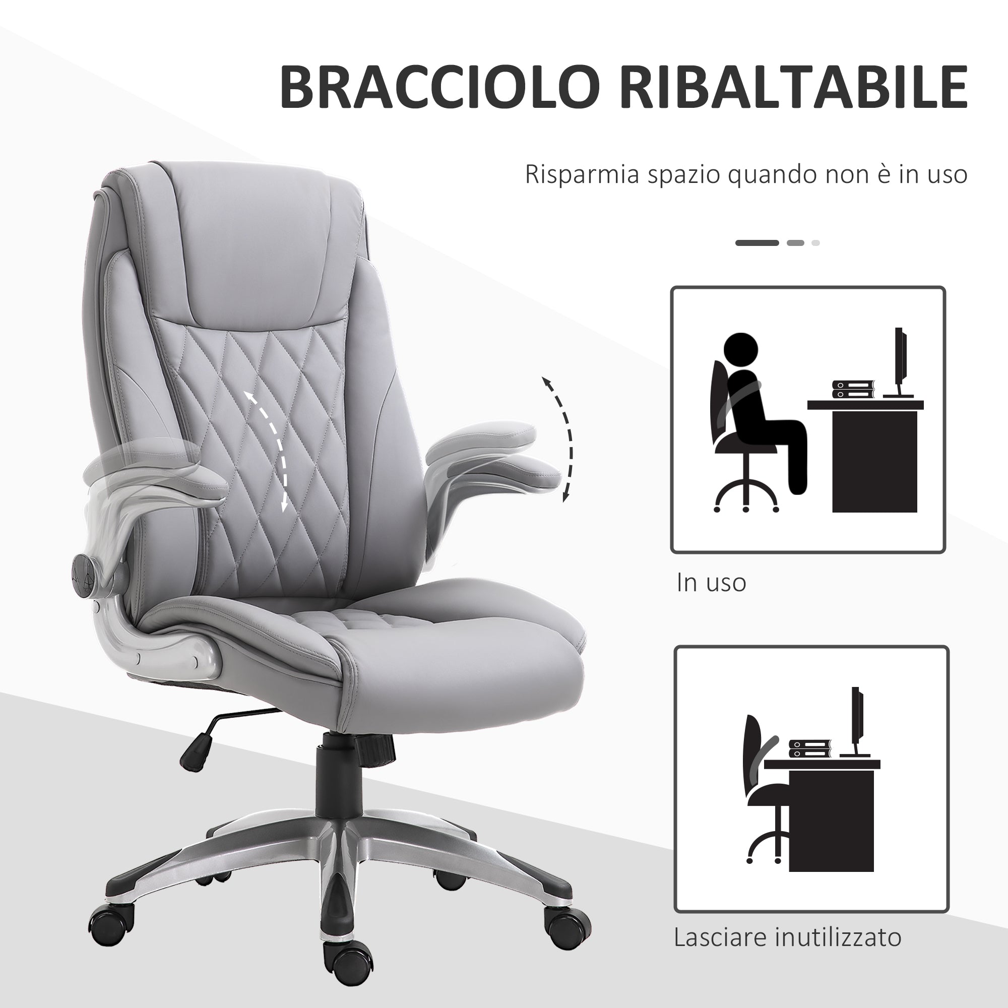 Ergonomic Office Chair with Padding, Adjustable Height, and 5 Swivel Wheels, in PU Leather and Foam, 70x71x113-121 cm, Gray