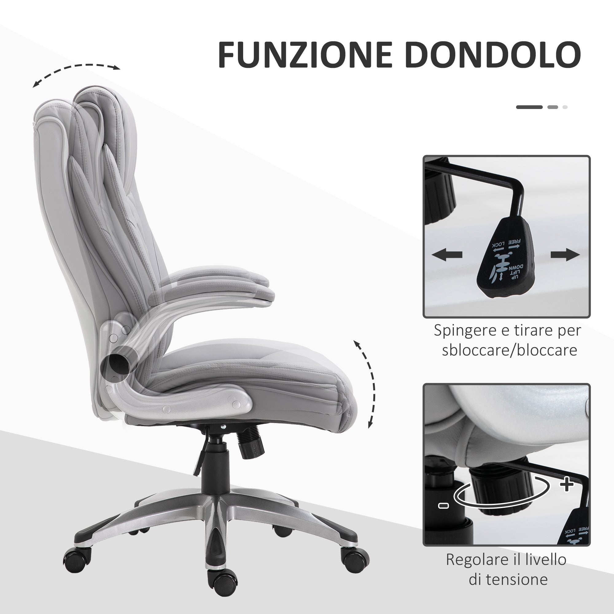 Ergonomic Office Chair with Padding, Adjustable Height, and 5 Swivel Wheels, in PU Leather and Foam, 70x71x113-121 cm, Gray