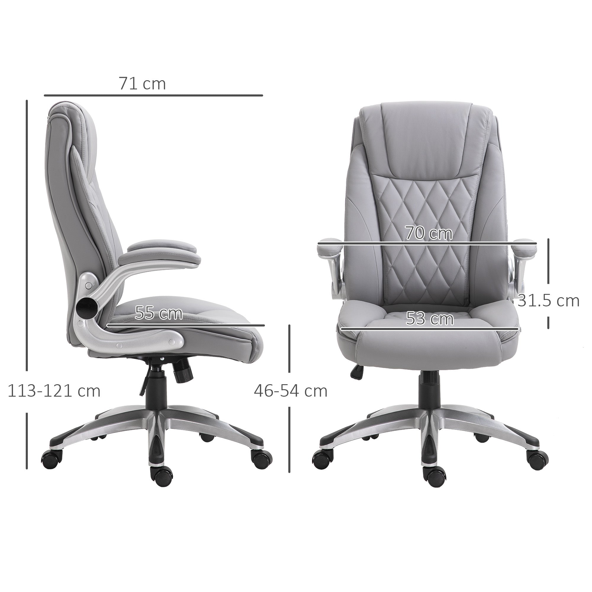 Ergonomic Office Chair with Padding, Adjustable Height, and 5 Swivel Wheels, in PU Leather and Foam, 70x71x113-121 cm, Gray