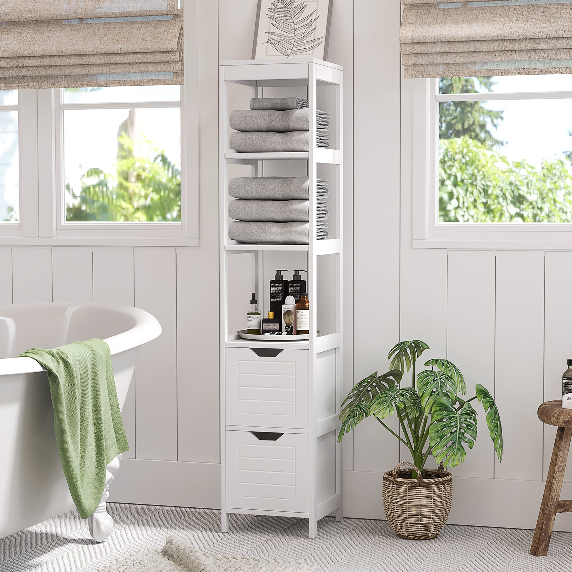 Tall Multipurpose Bathroom Cabinet Column Furniture with 3 Open Shelves and 2 Storage Drawers Anti-tilt Design 30x30x144 cm White