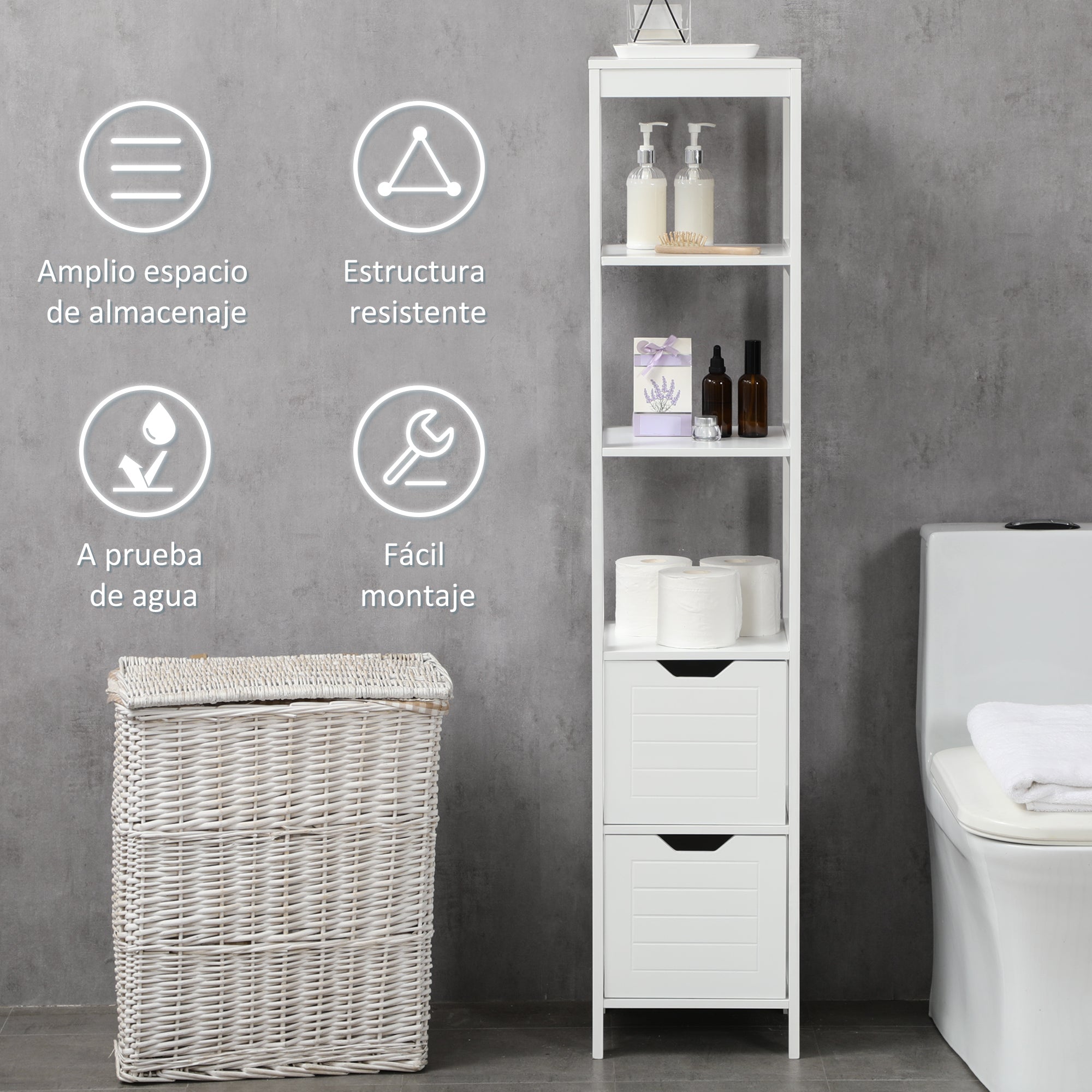 Tall Multipurpose Bathroom Cabinet Column Furniture with 3 Open Shelves and 2 Storage Drawers Anti-tilt Design 30x30x144 cm White