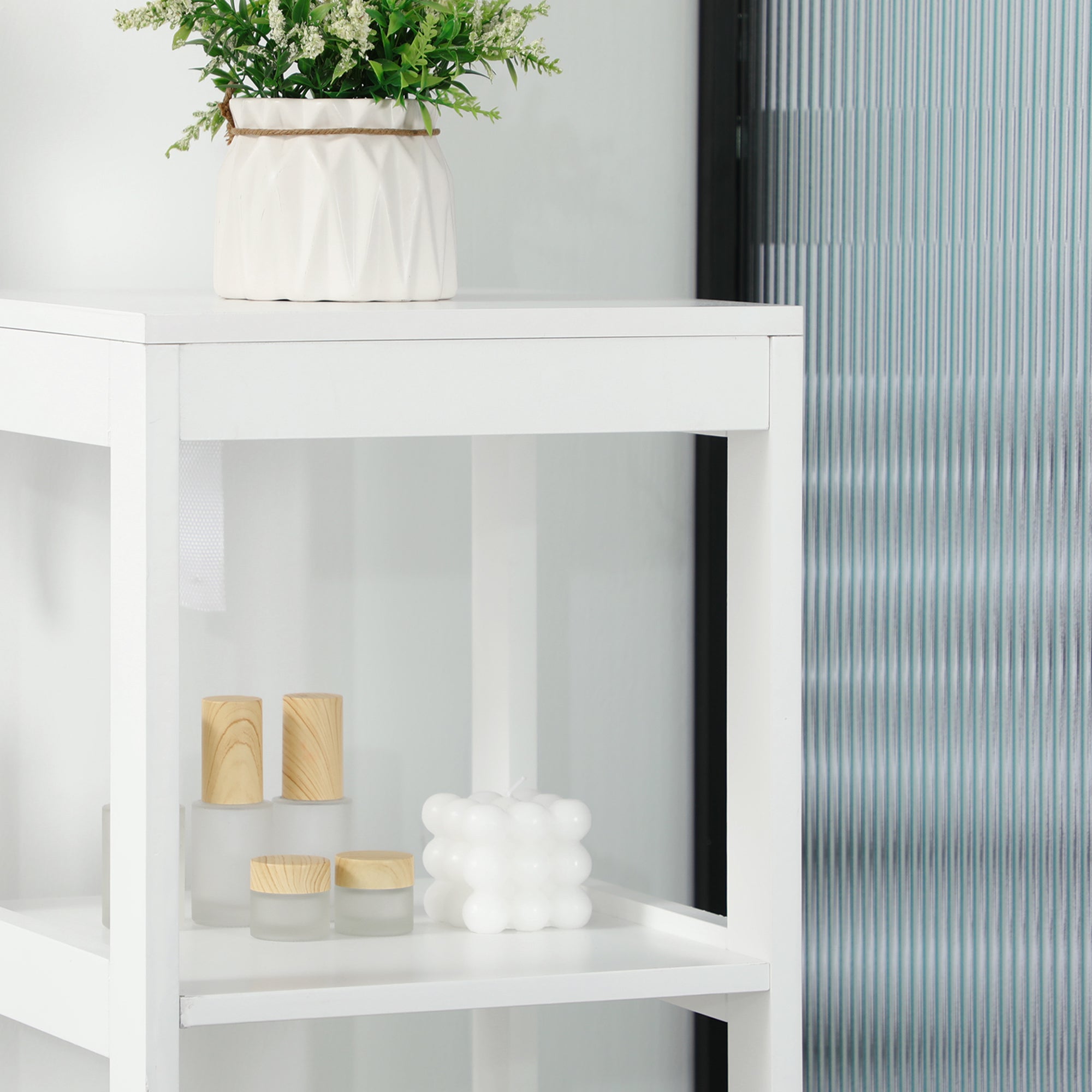 Tall Multipurpose Bathroom Cabinet Column Furniture with 3 Open Shelves and 2 Storage Drawers Anti-tilt Design 30x30x144 cm White