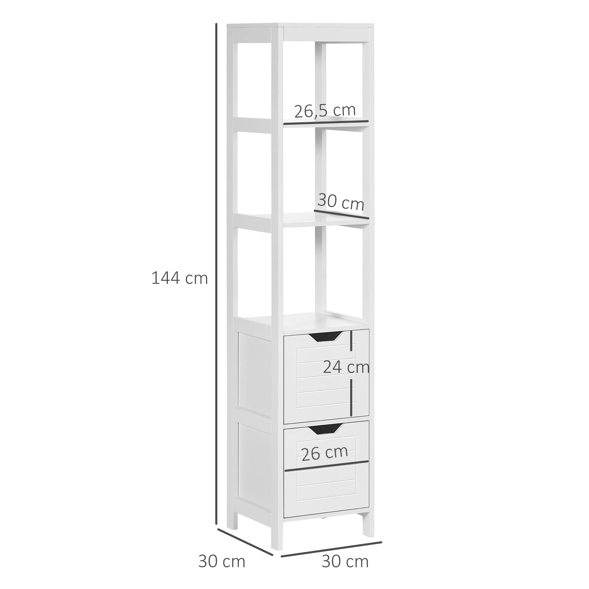 Tall Multipurpose Bathroom Cabinet Column Furniture with 3 Open Shelves and 2 Storage Drawers Anti-tilt Design 30x30x144 cm White