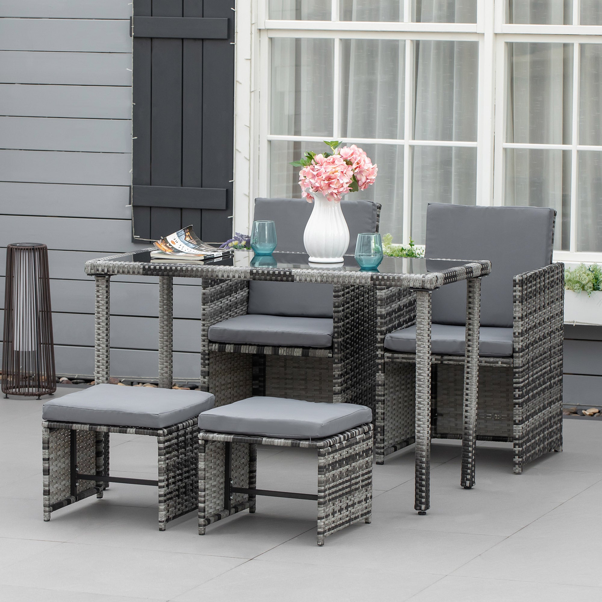 Poly Rattan Seating Group Dining Set Garden Set Set 5 pcs. with Cushions, Grey