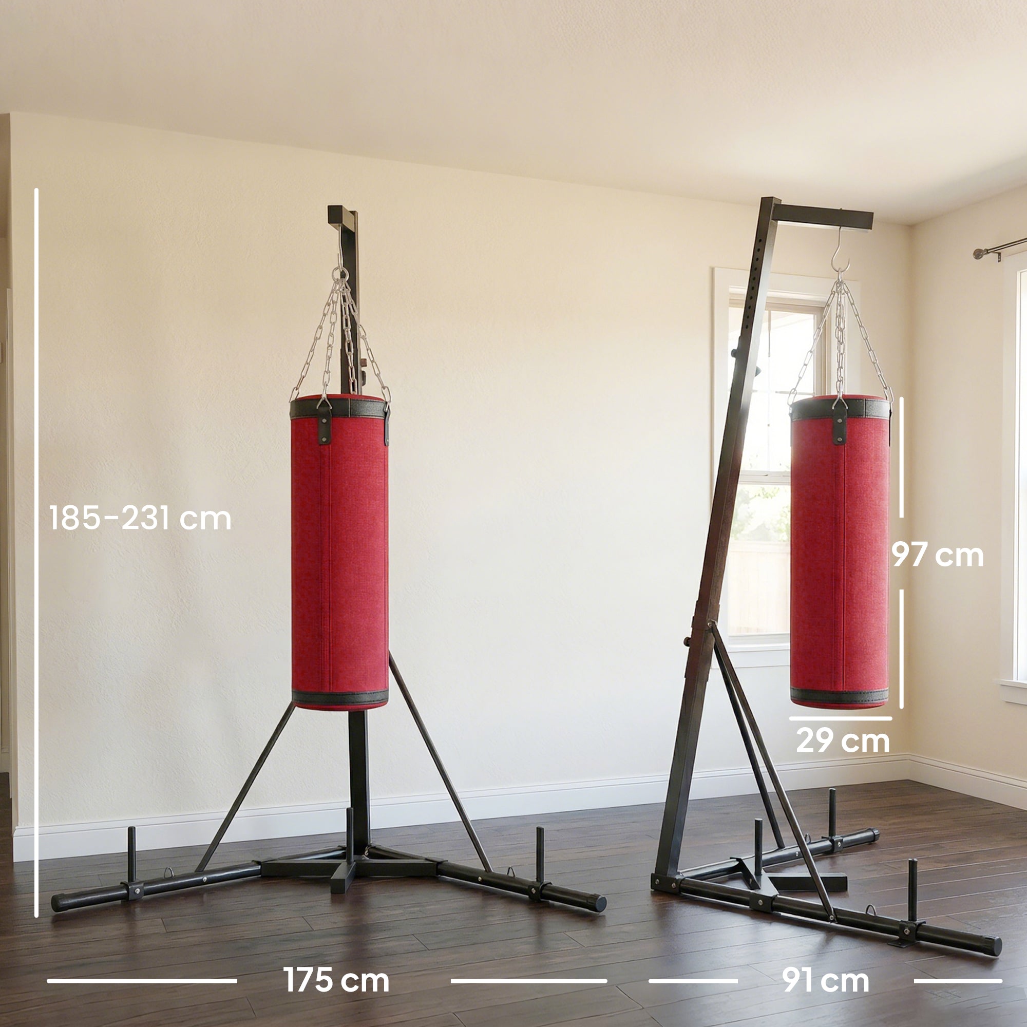 SPORTNOW Boxing Bag with Stand for Adults, Adjustable Height 185–231 cm (73–91 in), Triangular Base, Canvas Punching Bag, 1 in Weight Plate Posts, Home Gym Fitness Training, Red
