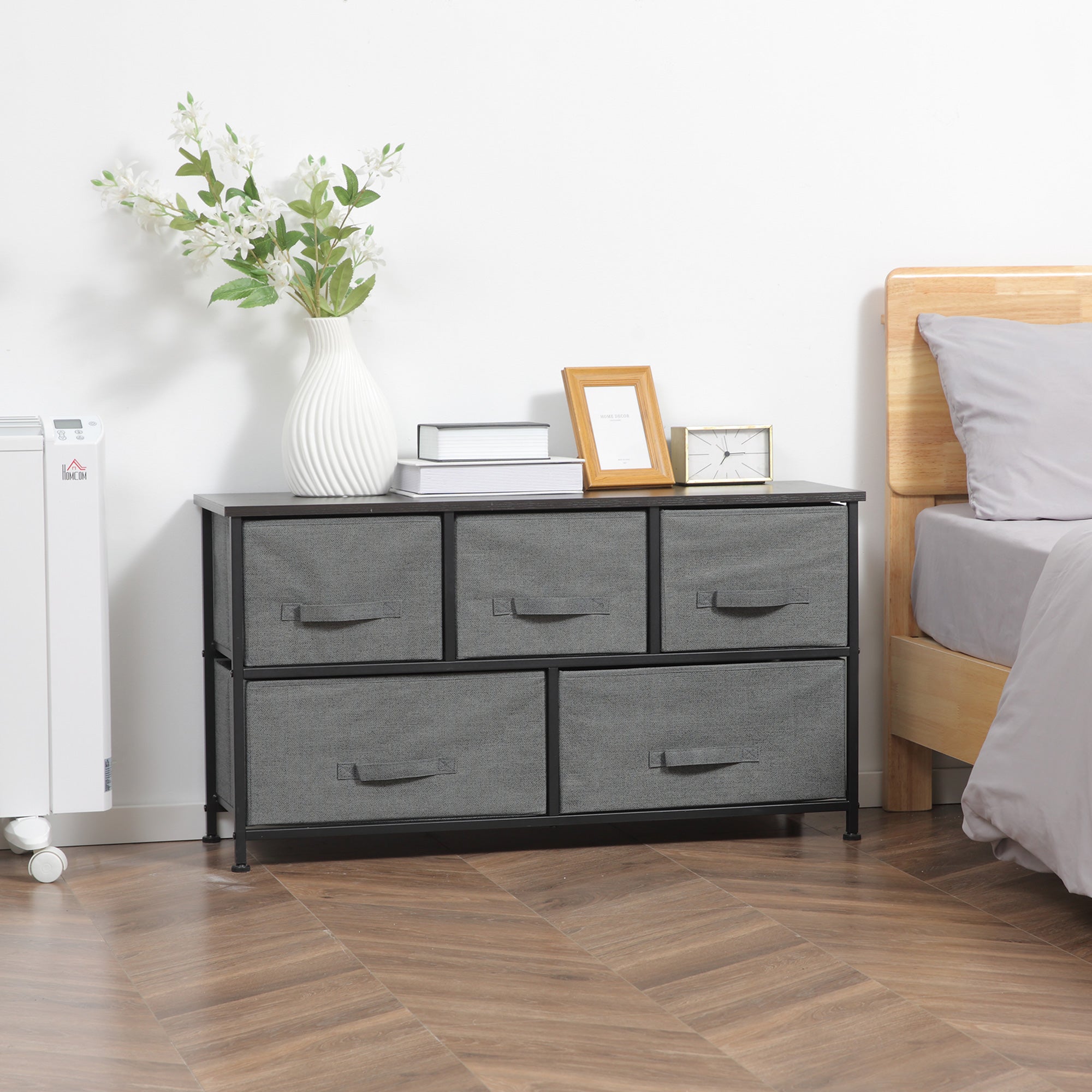 Chest of Drawers Storage Unit 100 x 30 x 54 cm 5 Non-Woven Drawers Dark Gray Steel Structure Black Wood Grain Appearance