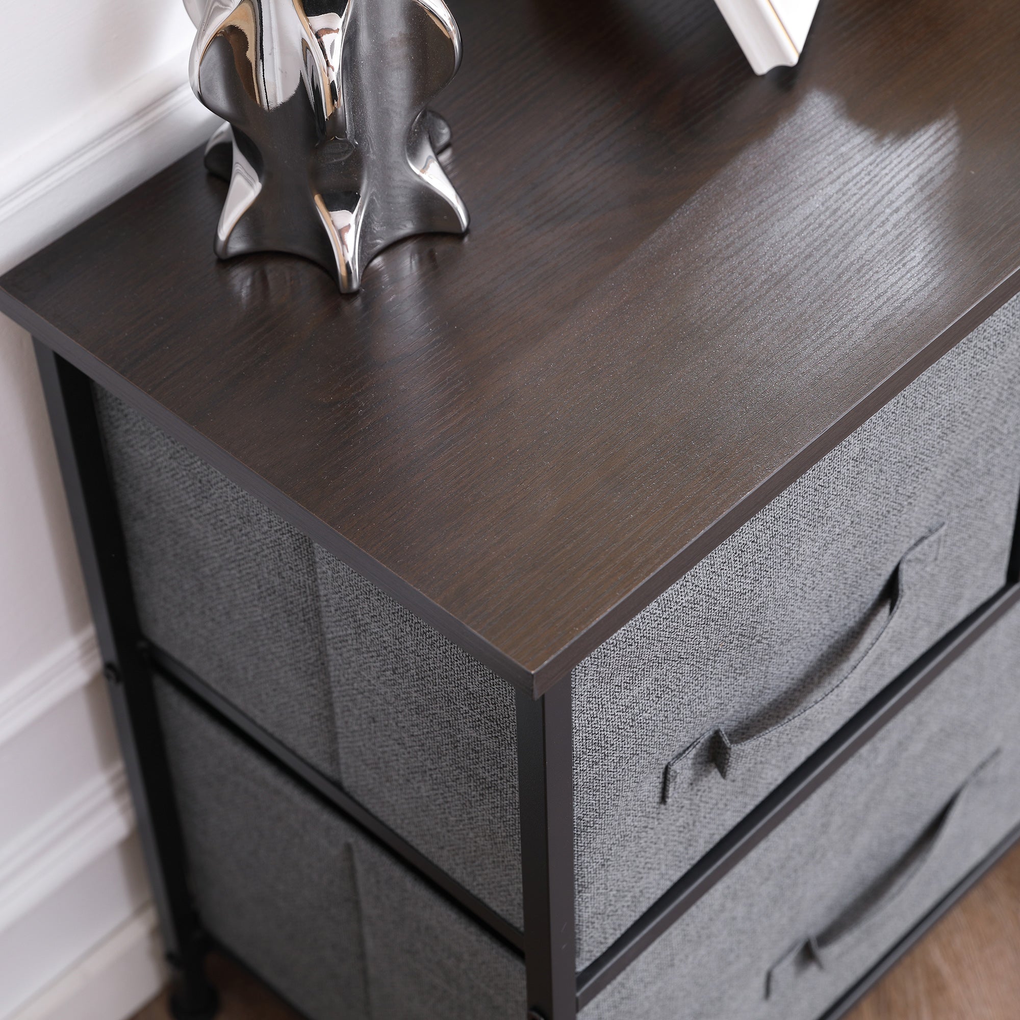 Chest of Drawers Storage Unit 100 x 30 x 54 cm 5 Non-Woven Drawers Dark Gray Steel Structure Black Wood Grain Appearance