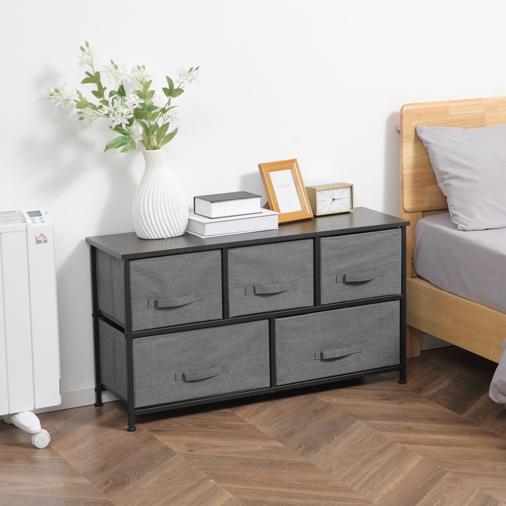 Chest of Drawers Storage Unit 100 x 30 x 54 cm 5 Non-Woven Drawers Dark Gray Steel Structure Black Wood Grain Appearance