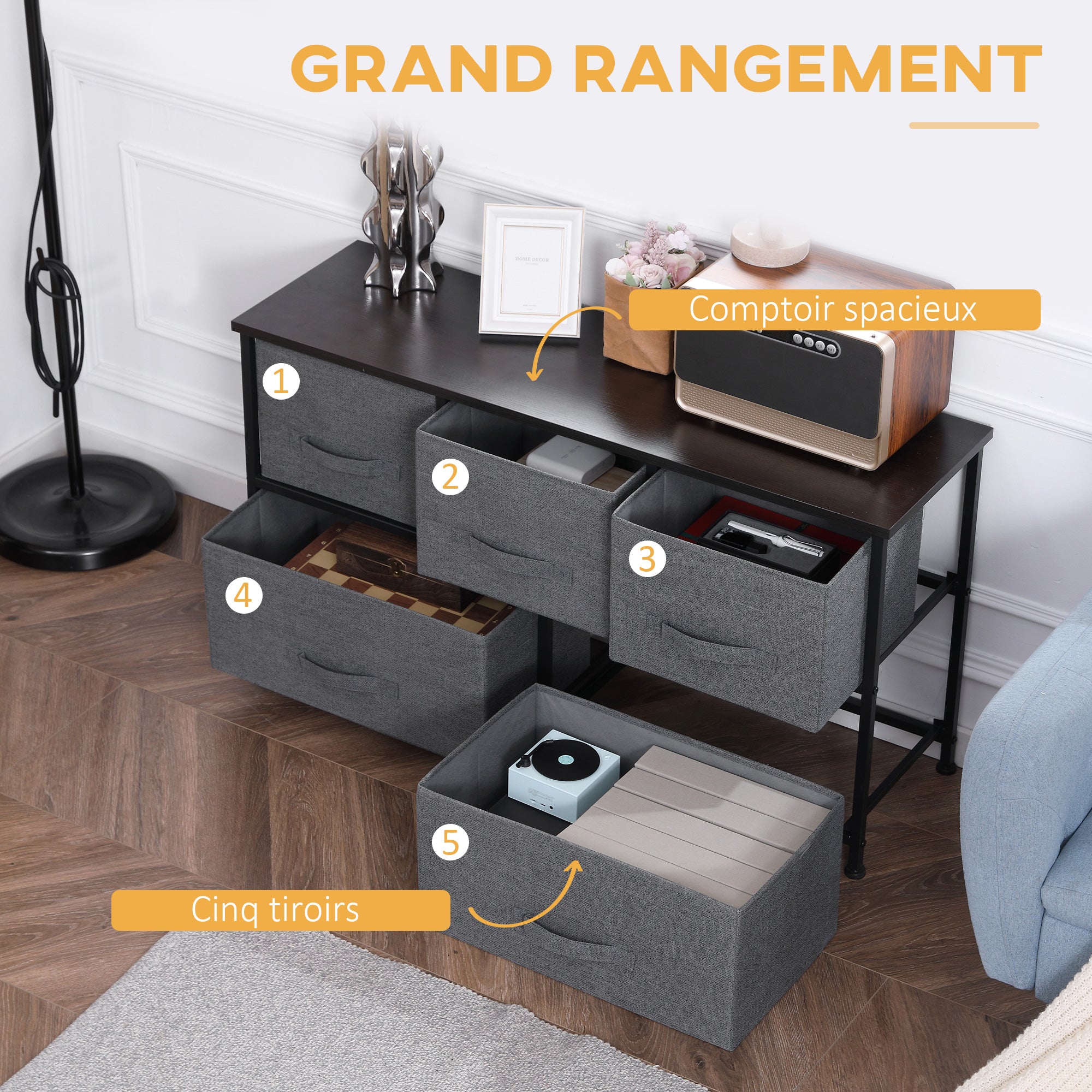 Chest of Drawers Storage Unit 100 x 30 x 54 cm 5 Non-Woven Drawers Dark Gray Steel Structure Black Wood Grain Appearance