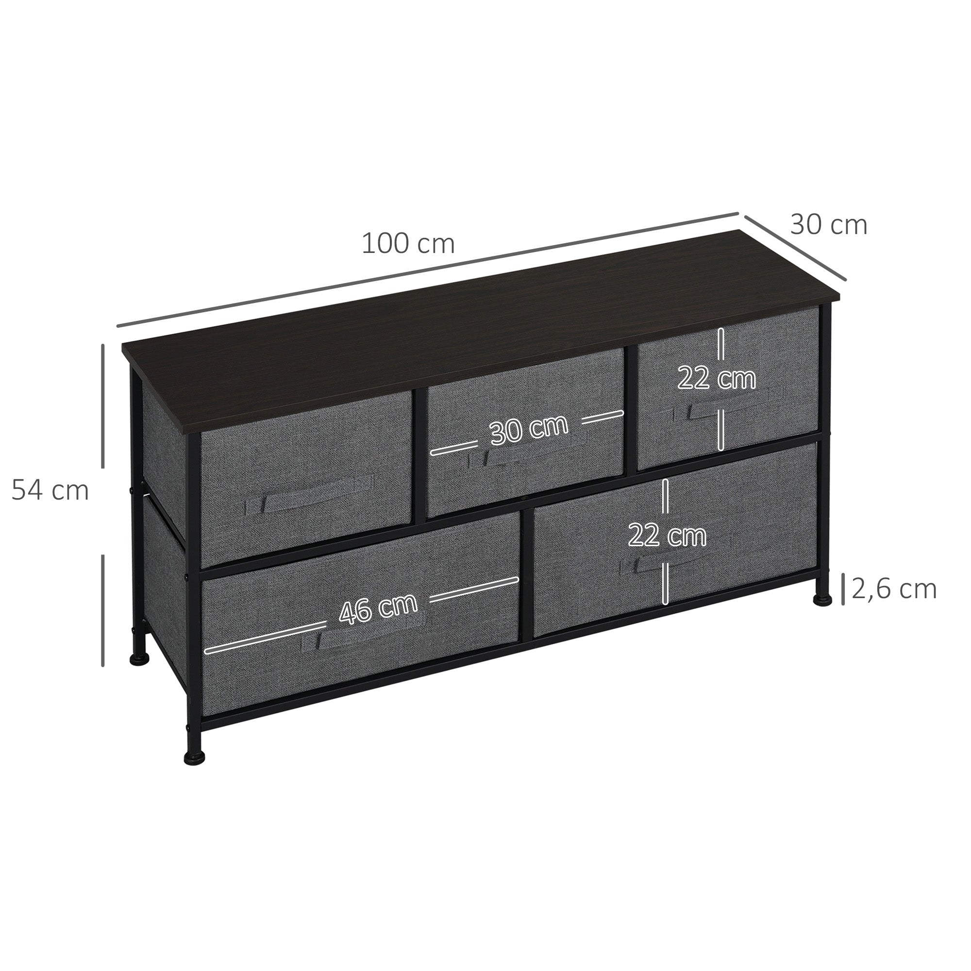 Chest of Drawers Storage Unit 100 x 30 x 54 cm 5 Non-Woven Drawers Dark Gray Steel Structure Black Wood Grain Appearance