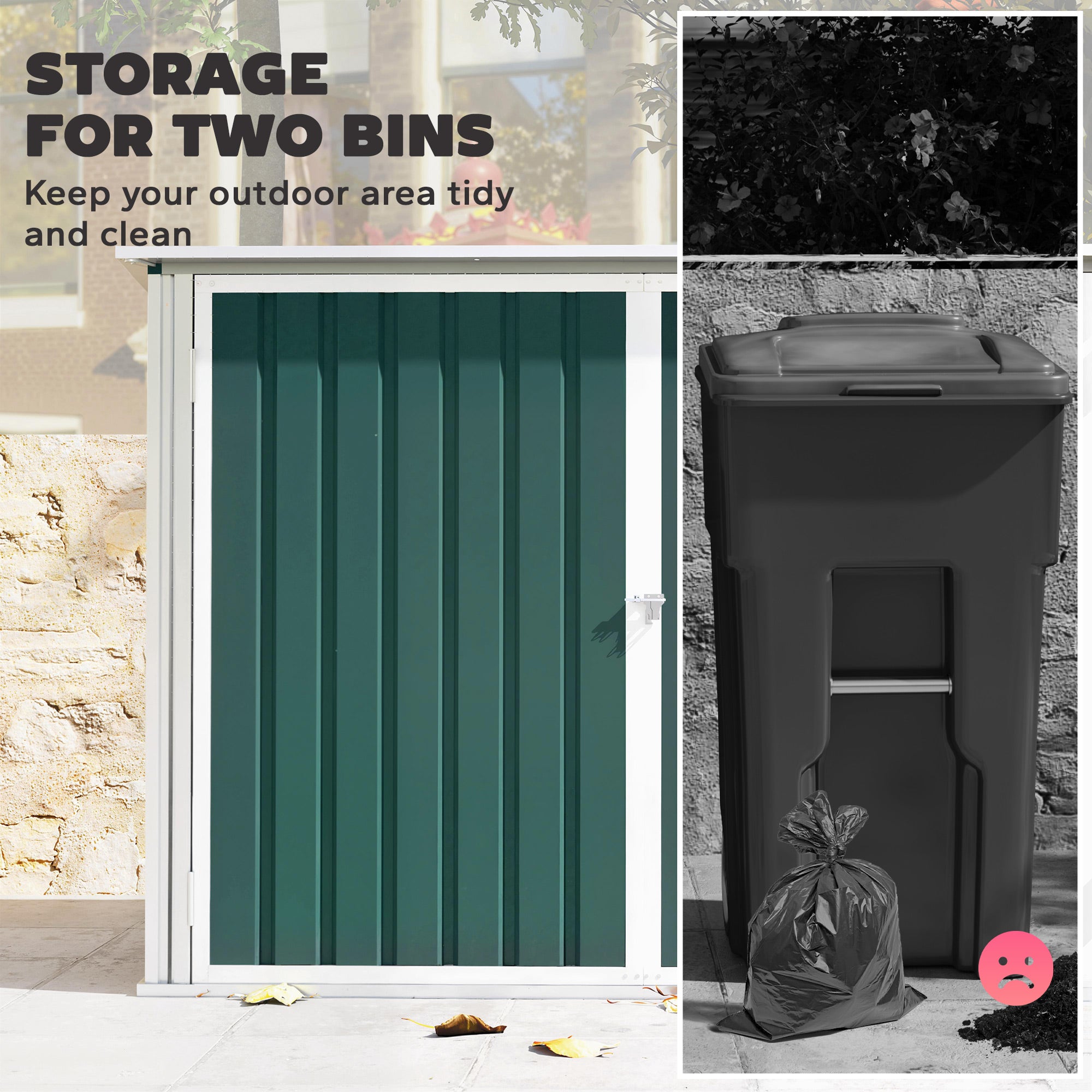 Lockable Steel Bin Storage Box for 2 Bins – Double Doors & Gas-Lift Lid, Ventilated, Green (179.5 x 108 x 129.5/113 cm)