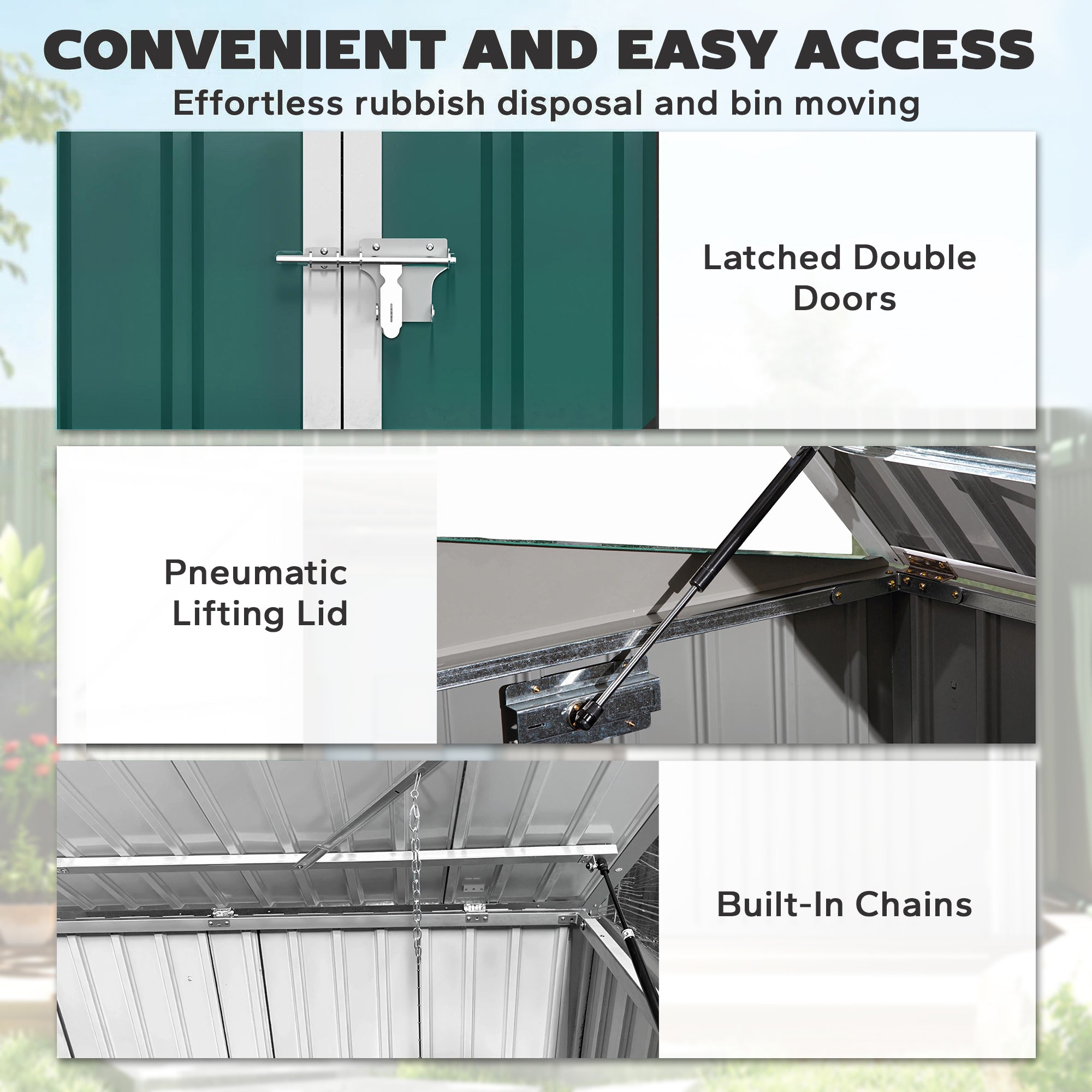 Lockable Steel Bin Storage Box for 2 Bins – Double Doors & Gas-Lift Lid, Ventilated, Green (179.5 x 108 x 129.5/113 cm)