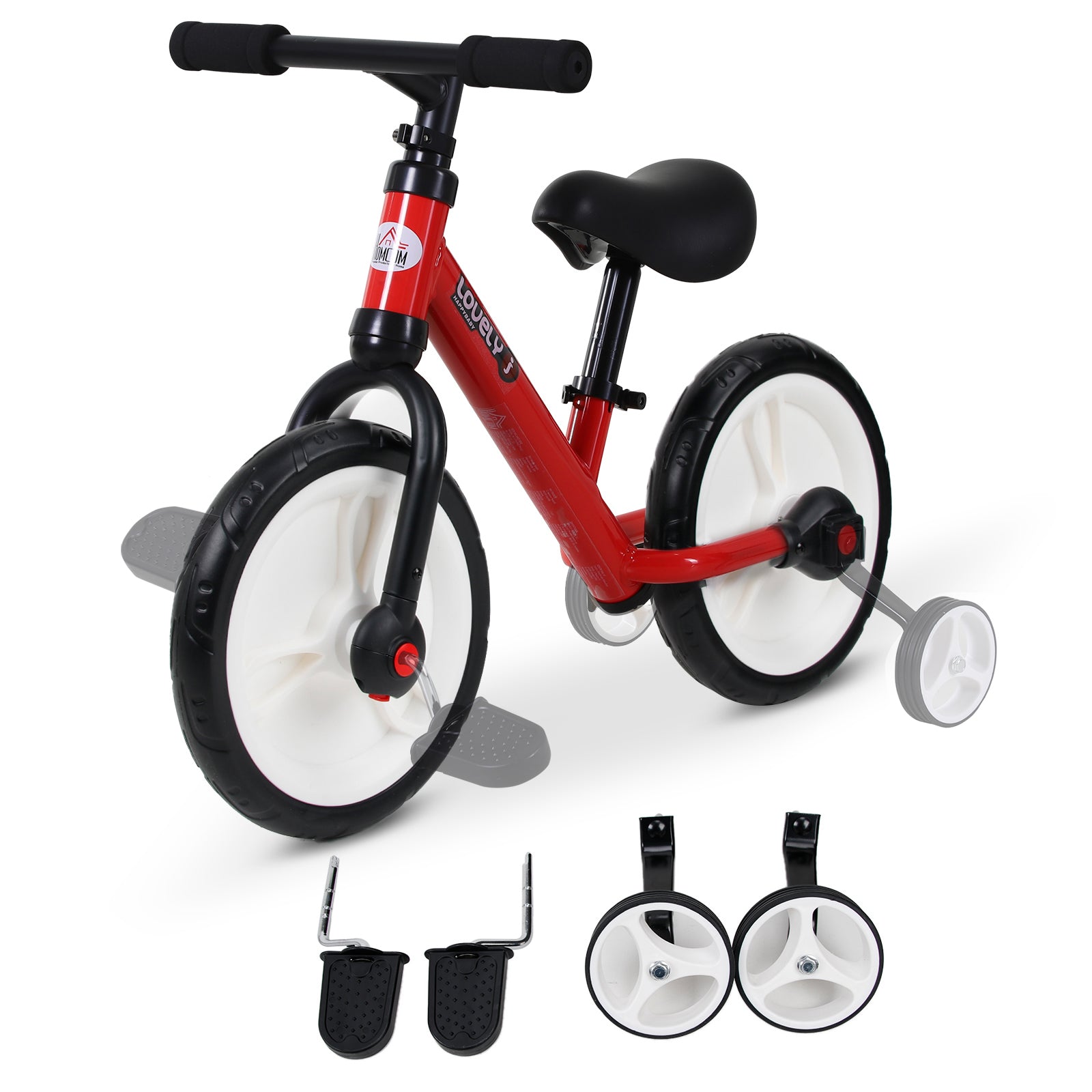 Kids Balance Bike, Learn-to-Ride Bike, Kids Bike, 2-in-1, Children's Bike with Training Wheels and Pedals, 2-5 Years, Adjustable Seat Height, PP, Red, 85 x 36 x 54 cm