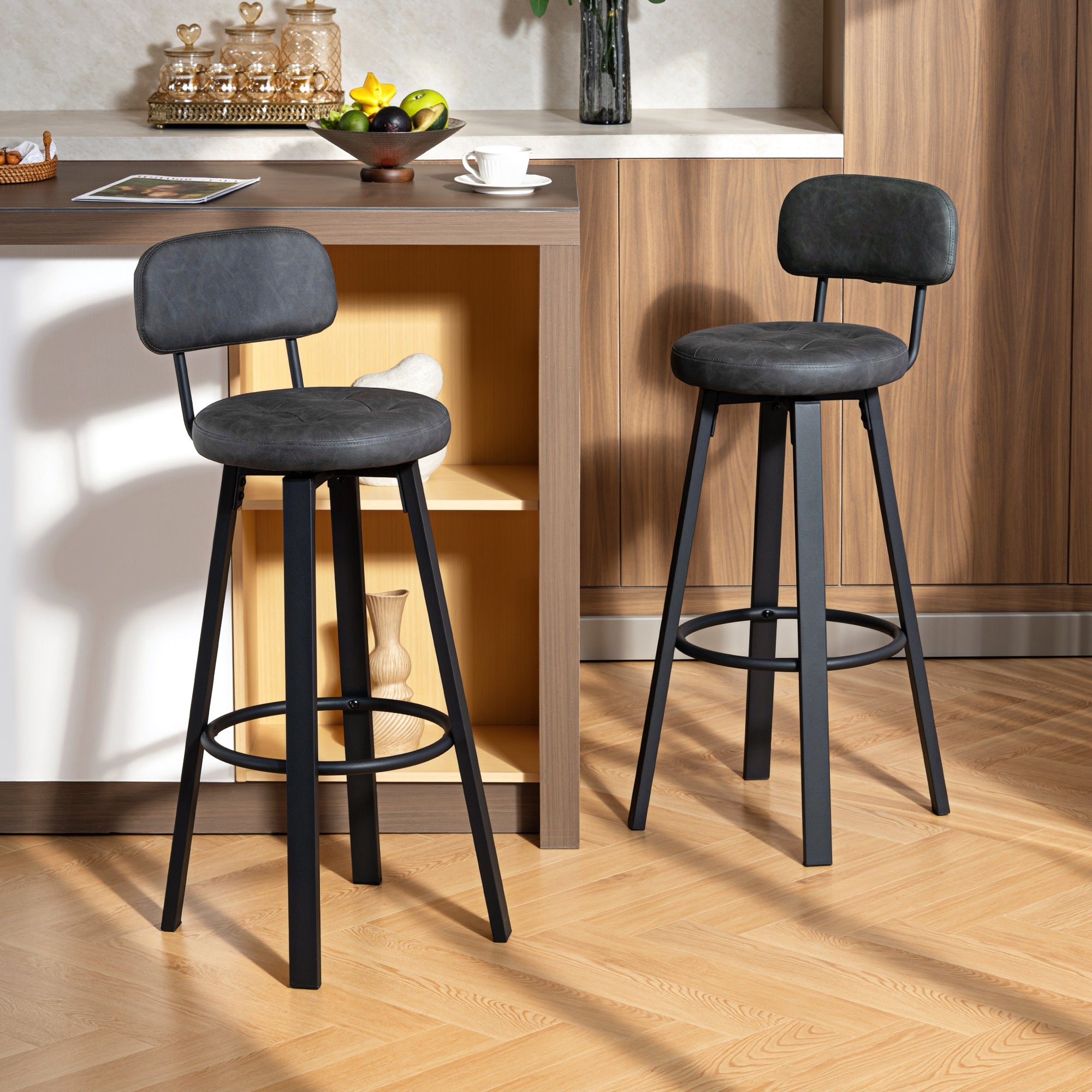 Set of 2 Swivel Bar Stools, PU Upholstery with Backrest, Metal Frame & Footrest — Dark Gray