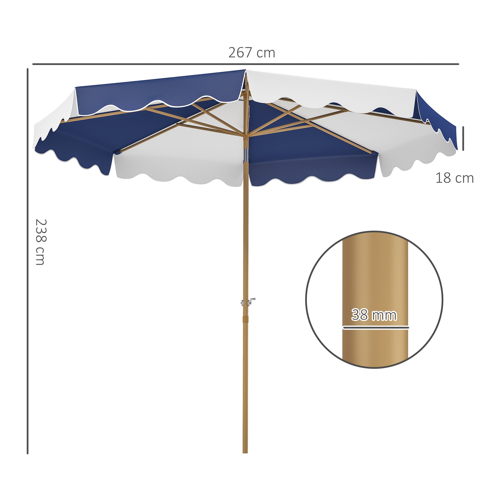 Garden Patio Umbrella Ø267 cm Outdoor Terrace Umbrella with Tilt Angle and Crank UV 50+ Protection Sunshade for Patio Terrace Blue and White