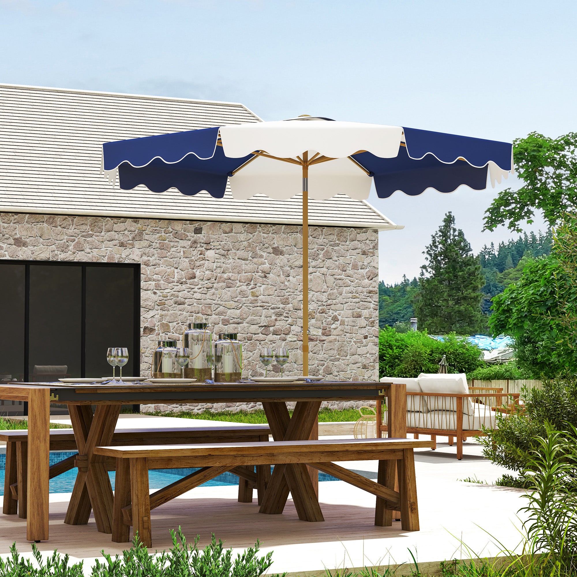 Garden Patio Umbrella Ø267 cm Outdoor Terrace Umbrella with Tilt Angle and Crank UV 50+ Protection Sunshade for Patio Terrace Blue and White