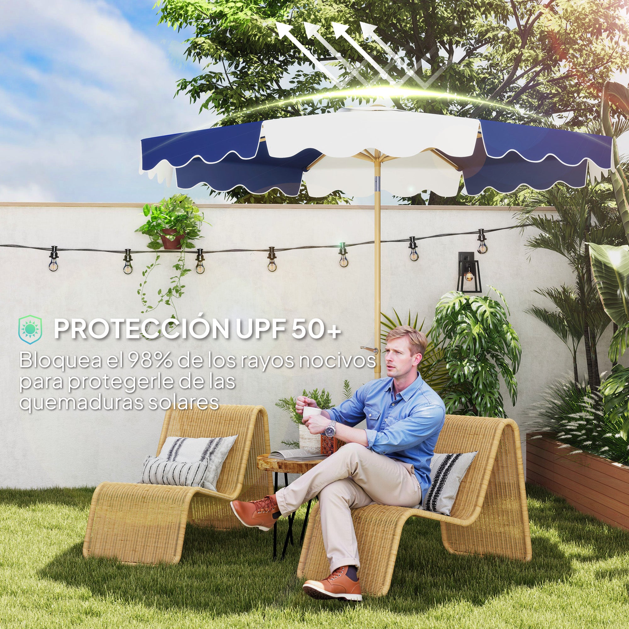 Garden Patio Umbrella Ø267 cm Outdoor Terrace Umbrella with Tilt Angle and Crank UV 50+ Protection Sunshade for Patio Terrace Blue and White