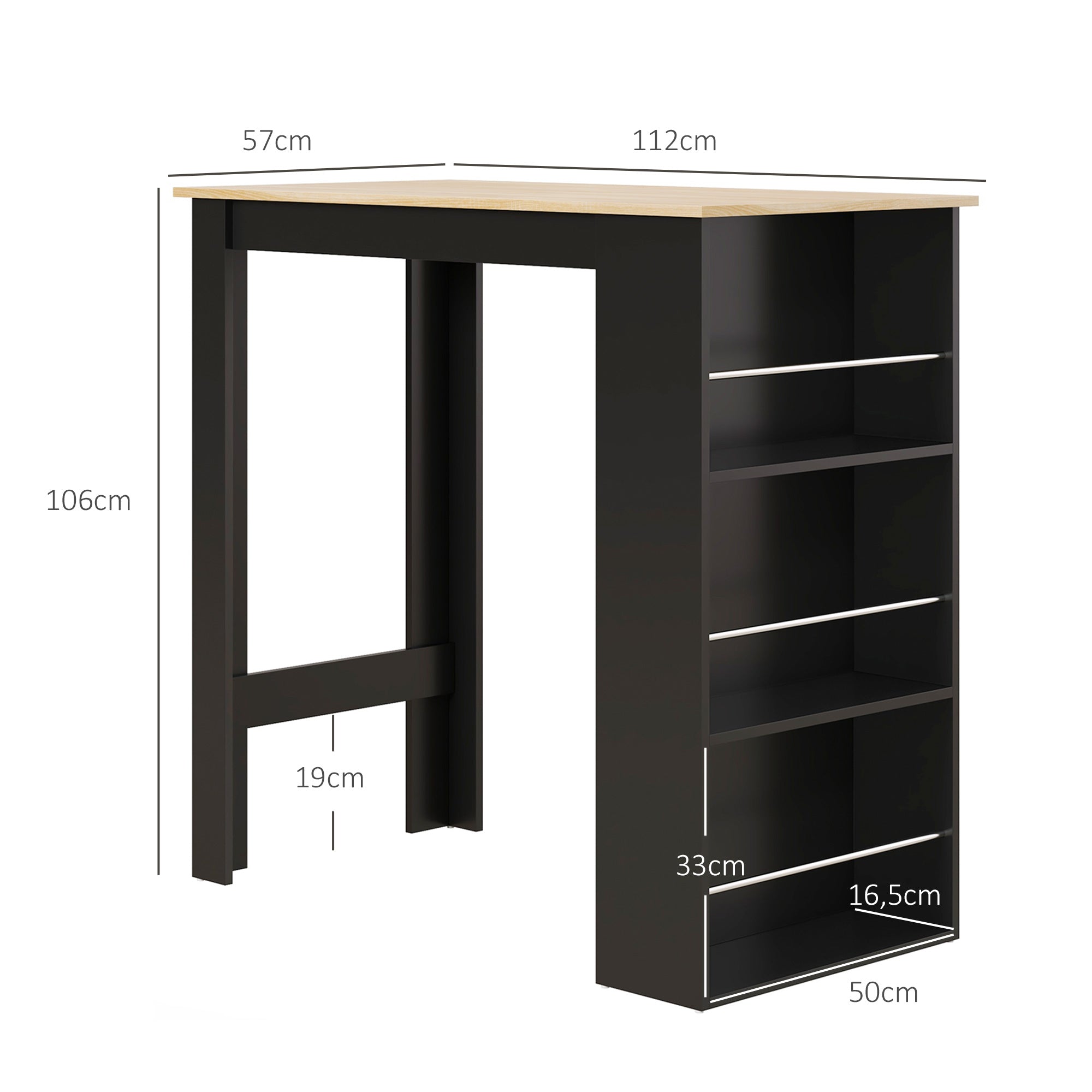 High Bar Table Kitchen Counter - dim. 112L x 57W x 106H cm - 3 shelves - black