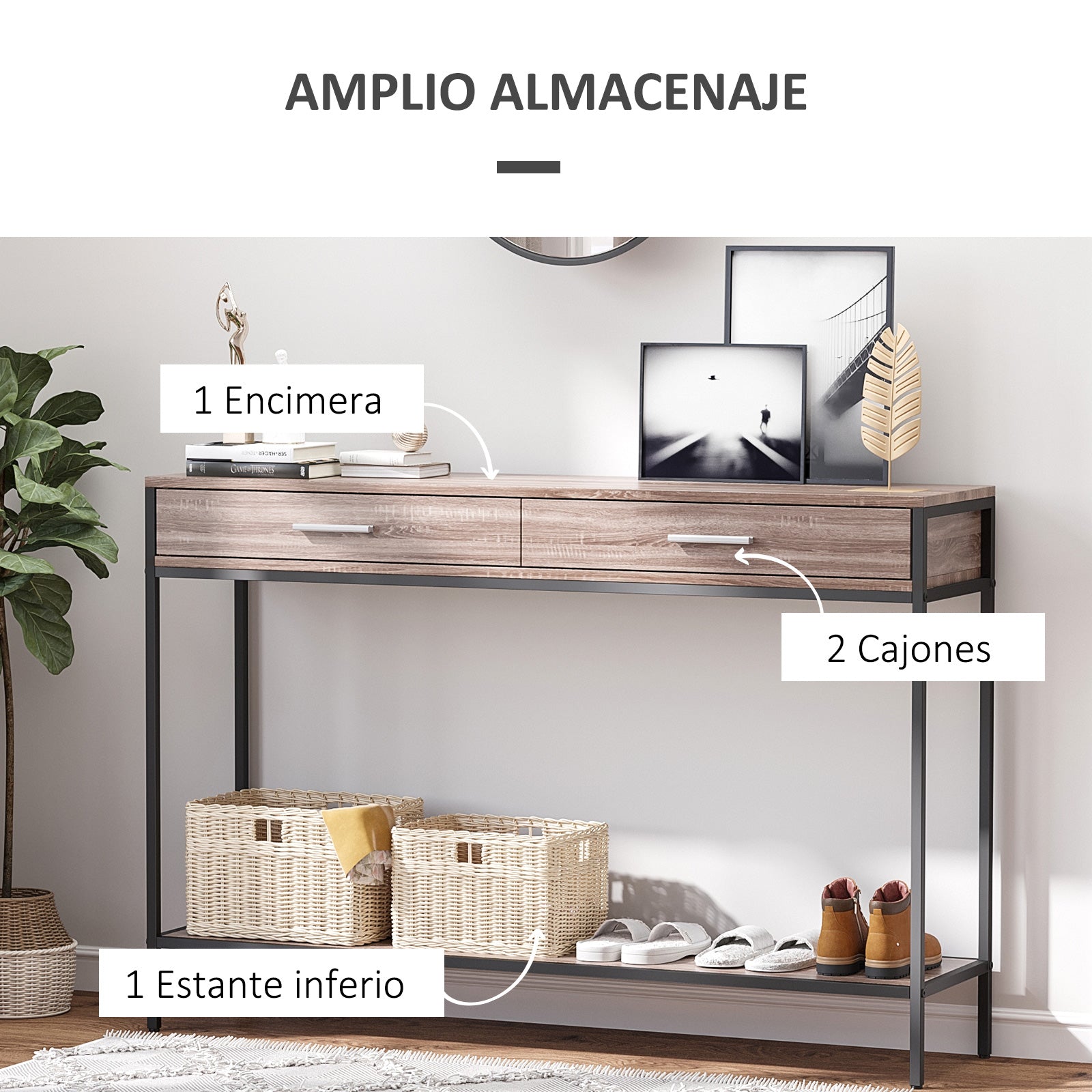 Industrial Style Hallway Console Table with Drawers and Steel Structure for Entryway Hallway 120x30x81.5 cm Oak