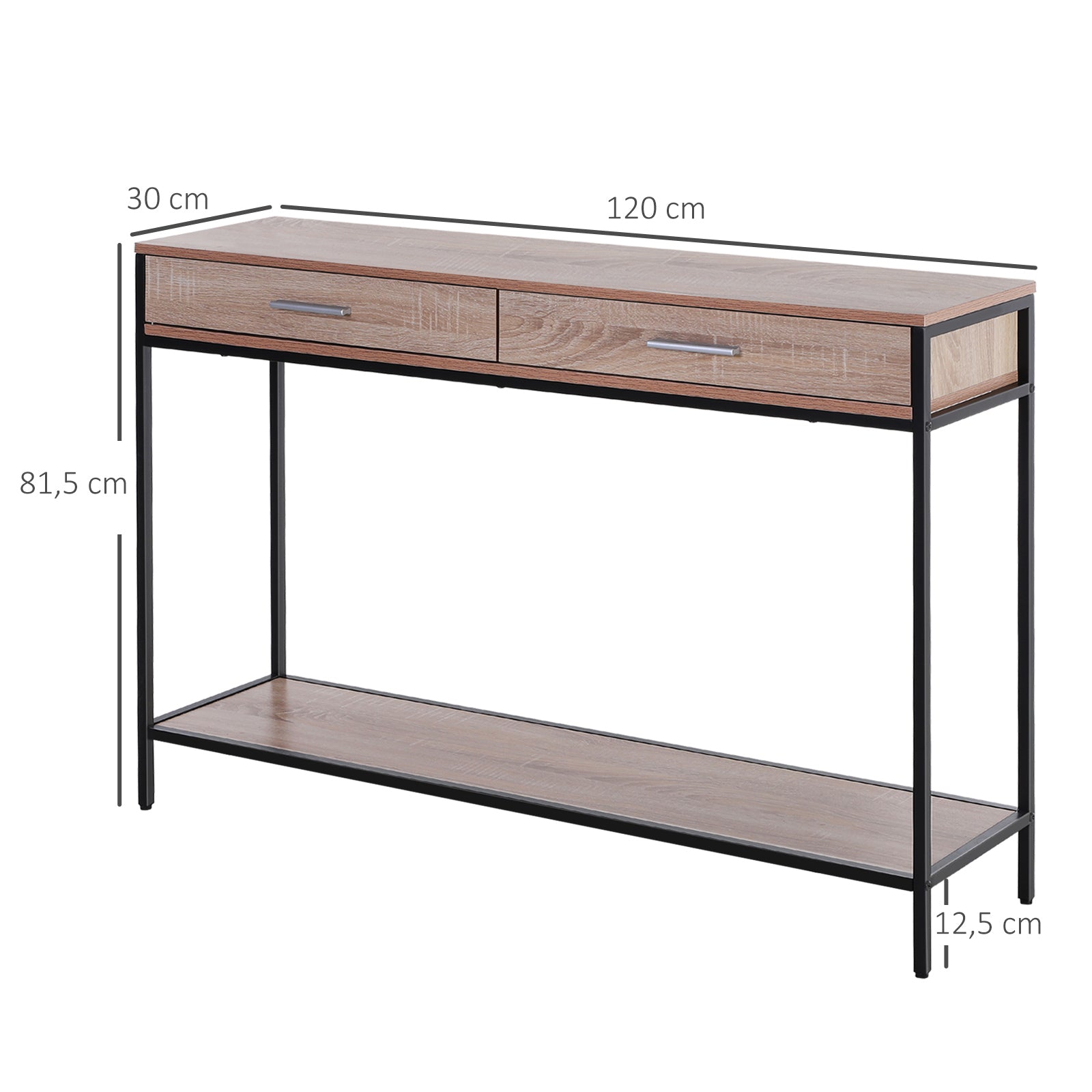 Industrial Style Hallway Console Table with Drawers and Steel Structure for Entryway Hallway 120x30x81.5 cm Oak